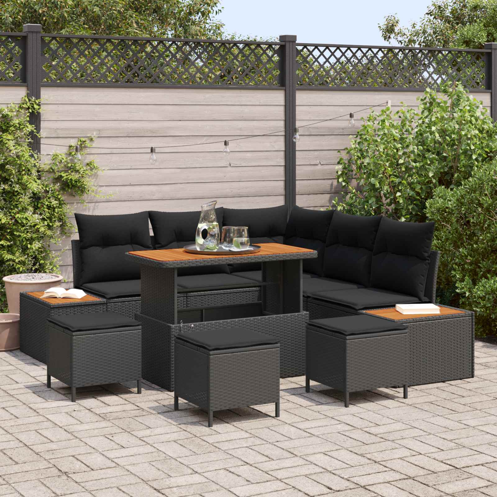 vidaXL Gartensofa-set mit Kissen 9 pcs Schwarz Poly Rattan