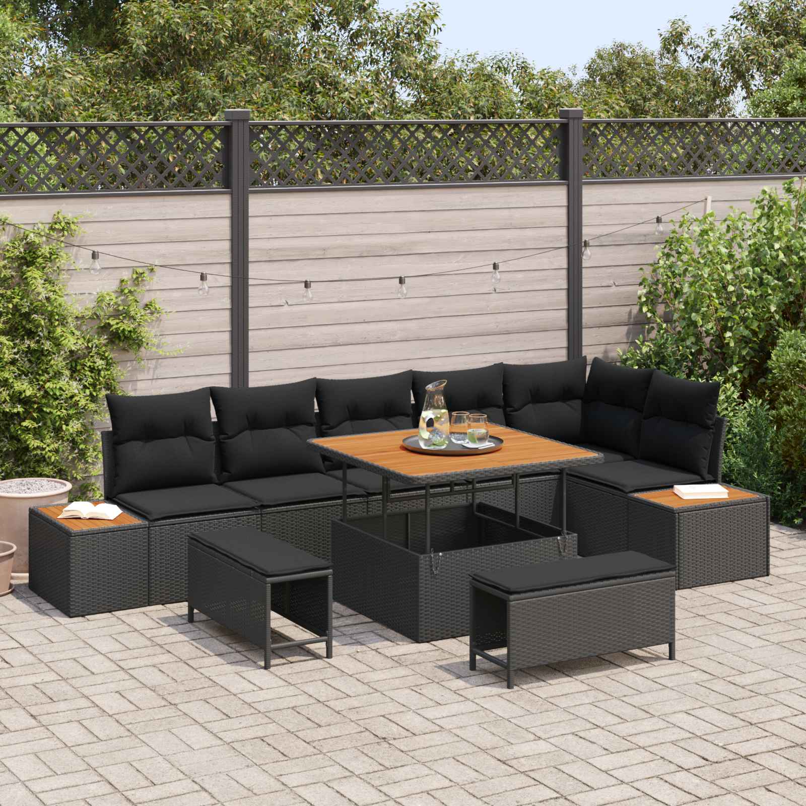 vidaXL Gartensofa-set mit Kissen 9 pcs Schwarz Poly Rattan
