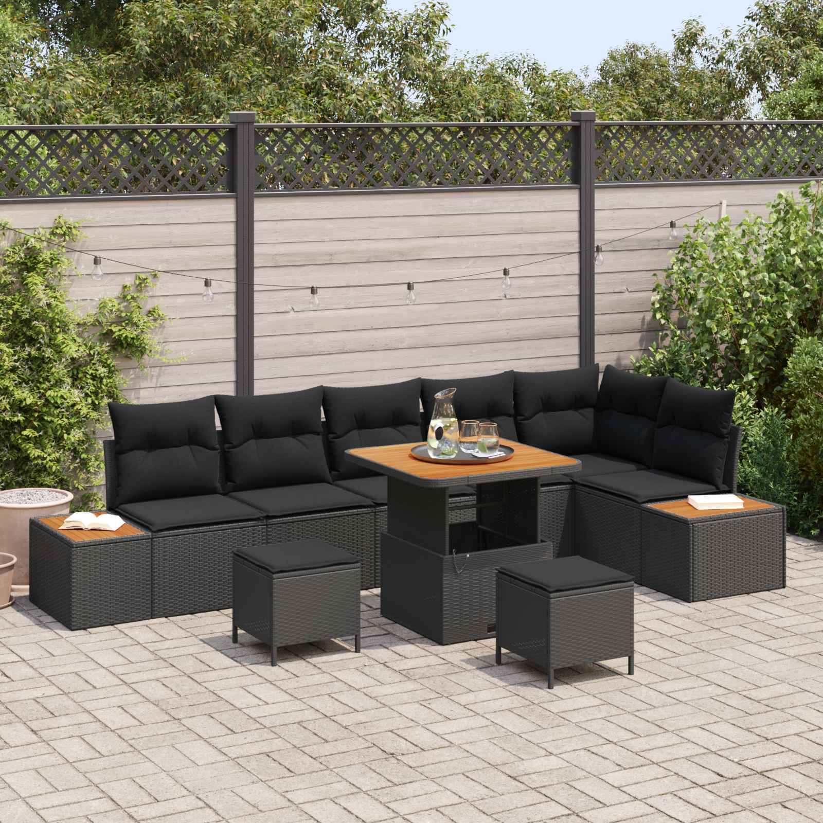 vidaXL Gartensofa-set mit Kissen 9 pcs Schwarz Poly Rattan