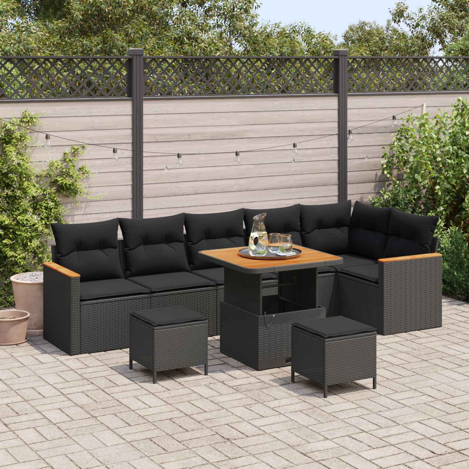 vidaXL Gartensofa-set mit Kissen 9 pcs Schwarz Poly Rattan