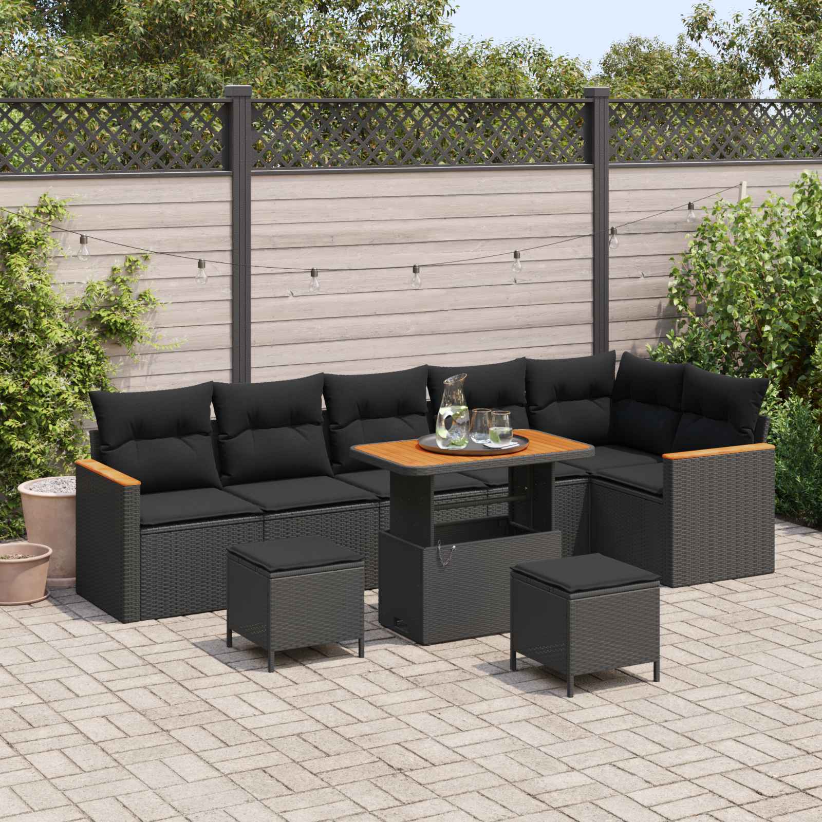 vidaXL Garten-Sofa-Set mit Kissen mit Speicher Schwarz Poly Rattan