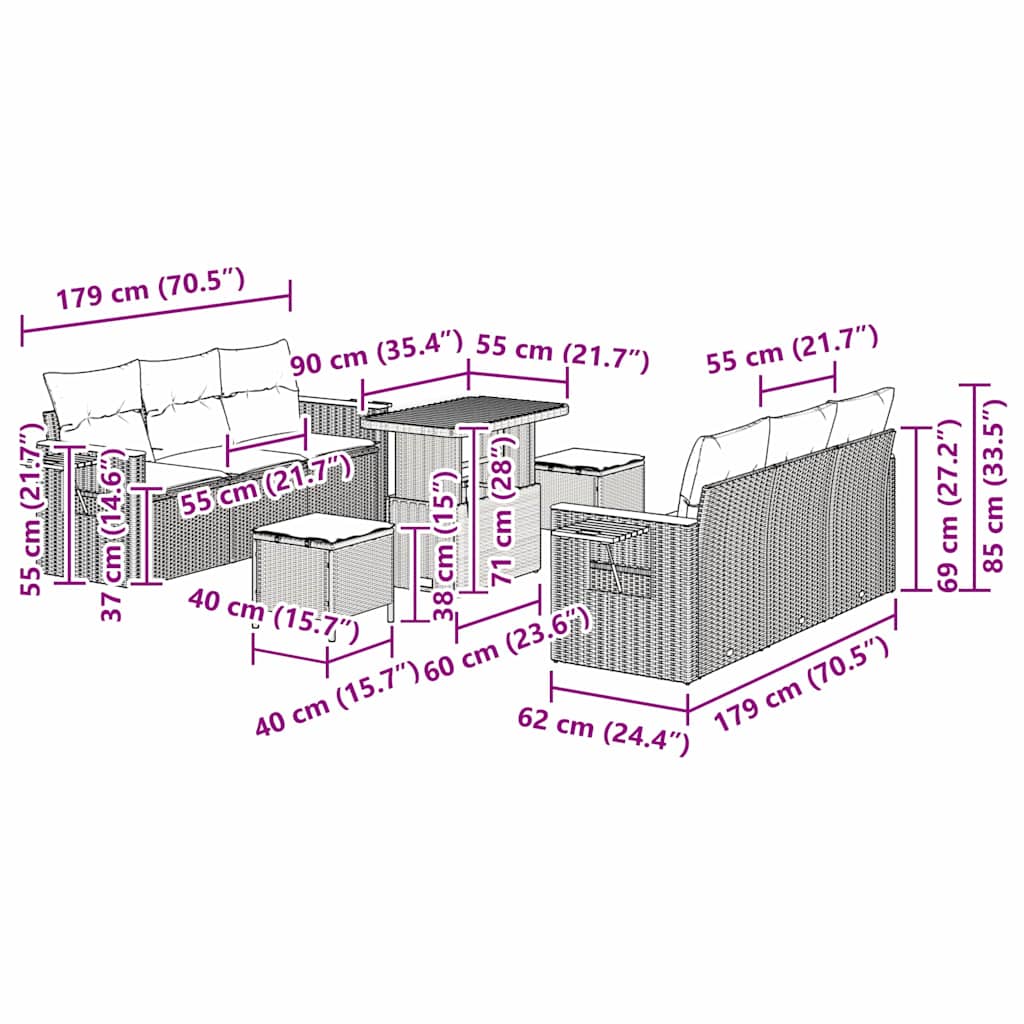 Sada zahradních pohovek s polštářem 11 pcs Šedá polyratan - obrázek 16