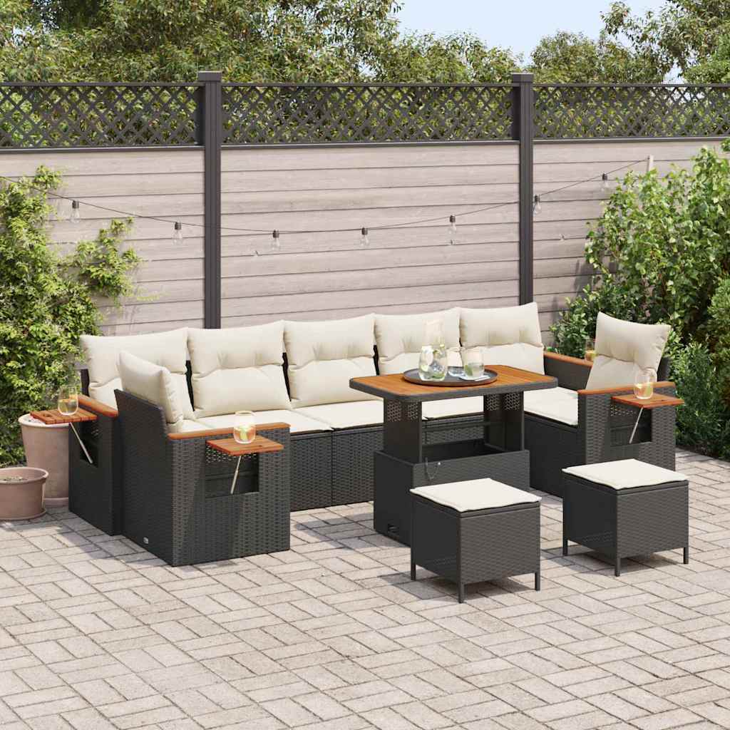 10 Piece Garden Sofa Set with Cushions Black Poly Rattan Acacia