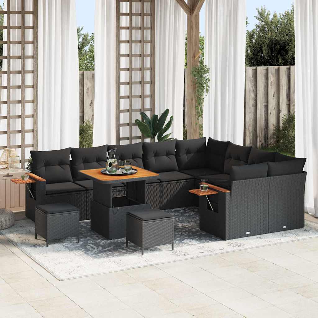 12 Piece Garden Sofa Set with Cushions Black Poly Rattan Acacia, vidaXL 3 Piece Garden Dining Set with Cushions Black Poly Rattan Acacia