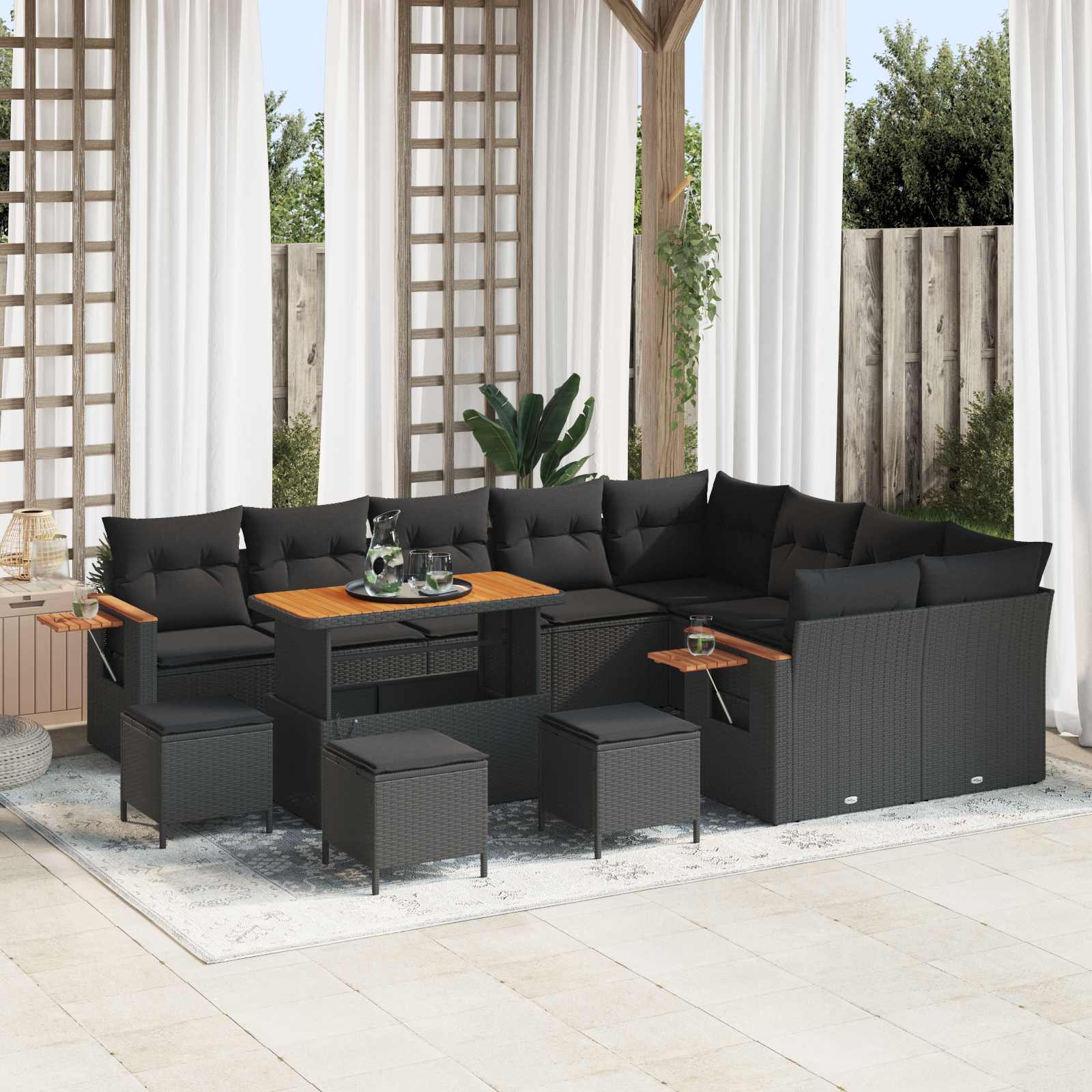vidaXL Garten-Sofa-Set mit Kissen mit Speicher Schwarz Poly Rattan