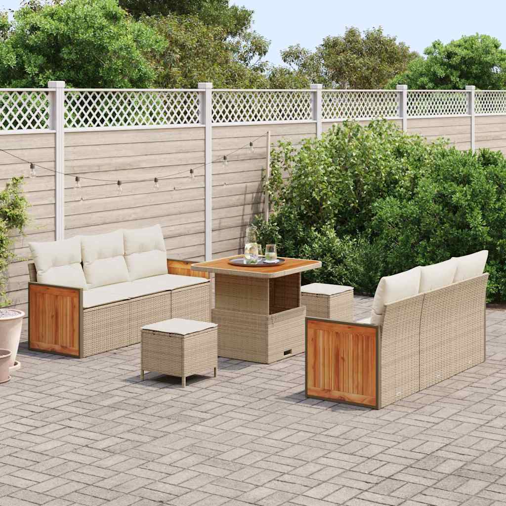 vidaXL 9-delige Tuinbankenset met kussens poly rattan acacia beige