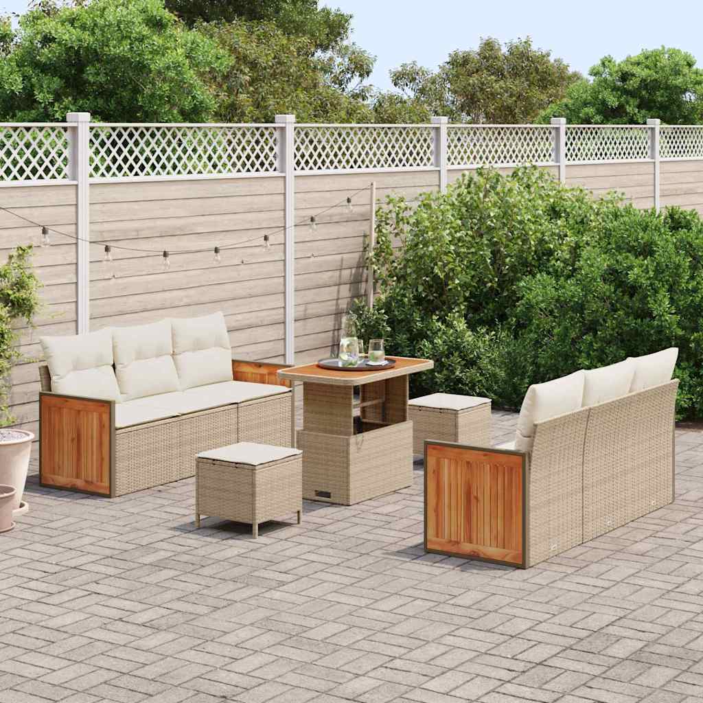 vidaXL 9-delige Tuinbankenset met kussens poly rattan acacia beige