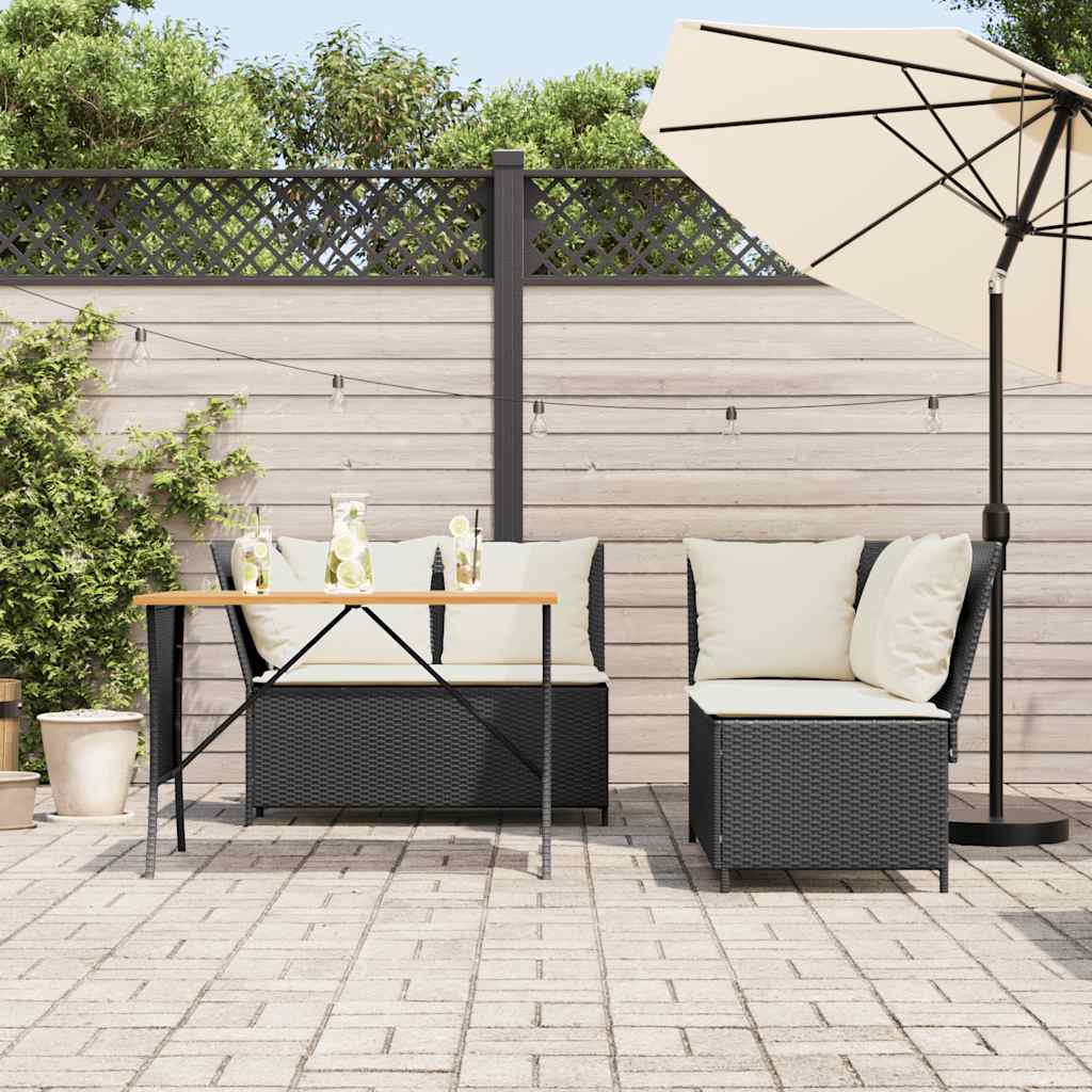 vidaXL 3-delige Loungeset met kussens poly rattan zwart