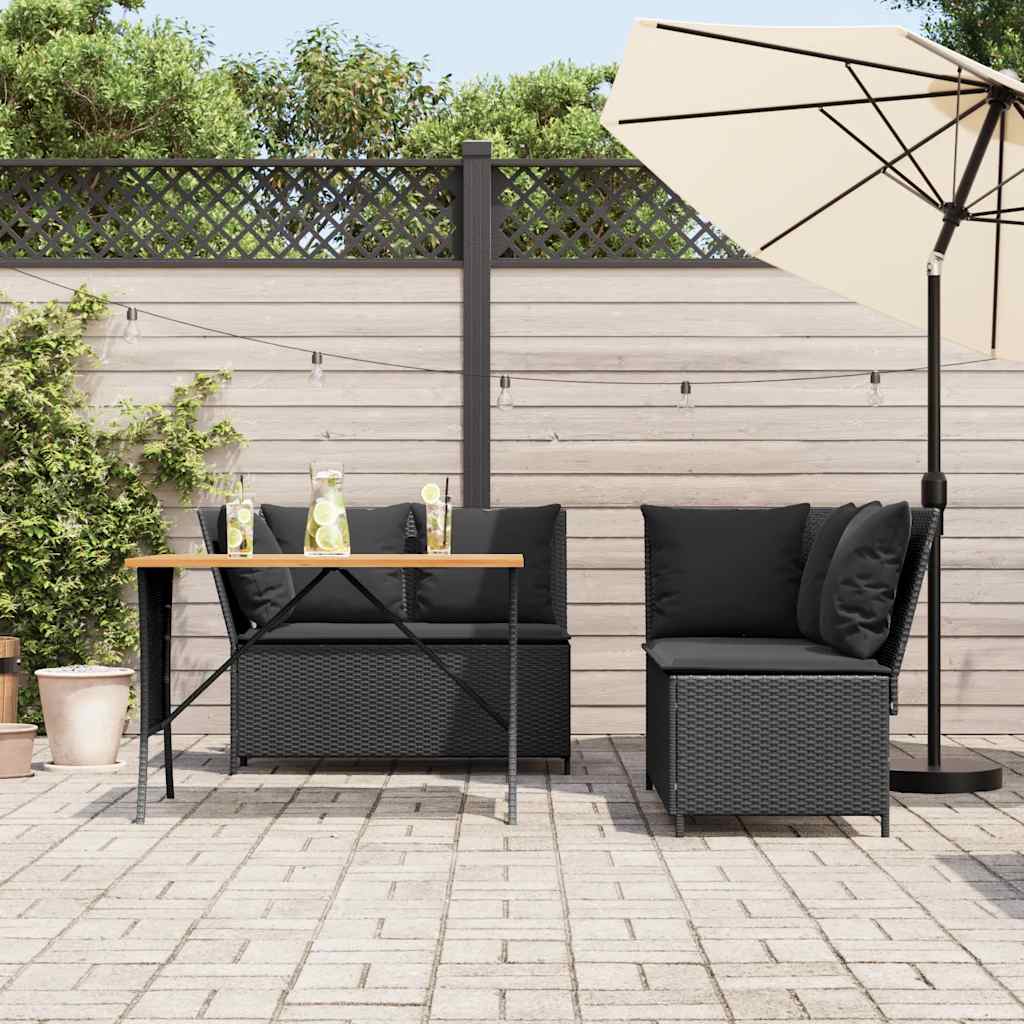 vidaXL 3-delige Loungeset met kussens poly rattan zwart