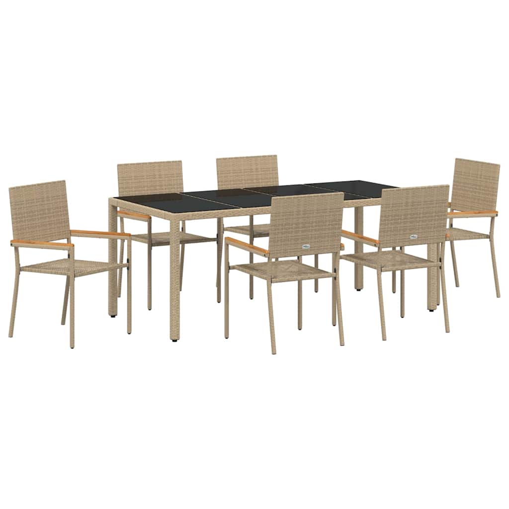 7-osainen puutarhan ruokailusarja Beige polyrottinki, vidaXL pinottavat puutarhatuolit tyynyillä 2 kpl Beige polyrottinki