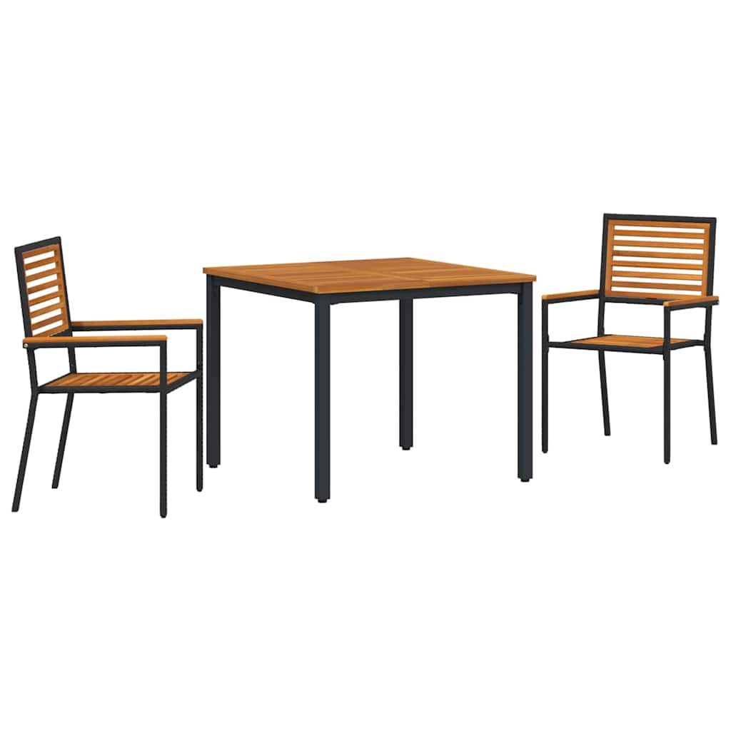 3 kappaleen puutarhan ruokailusetti mustasta polyrottingista ja akasiasta, vidaXL pinoottavat puutarhatuolit tyynyillä 2 kpl mustasta polyrottingista, vidaXL puutarhapöytä 90x90x75 cm kiinteästä akasiapuusta ja metallista