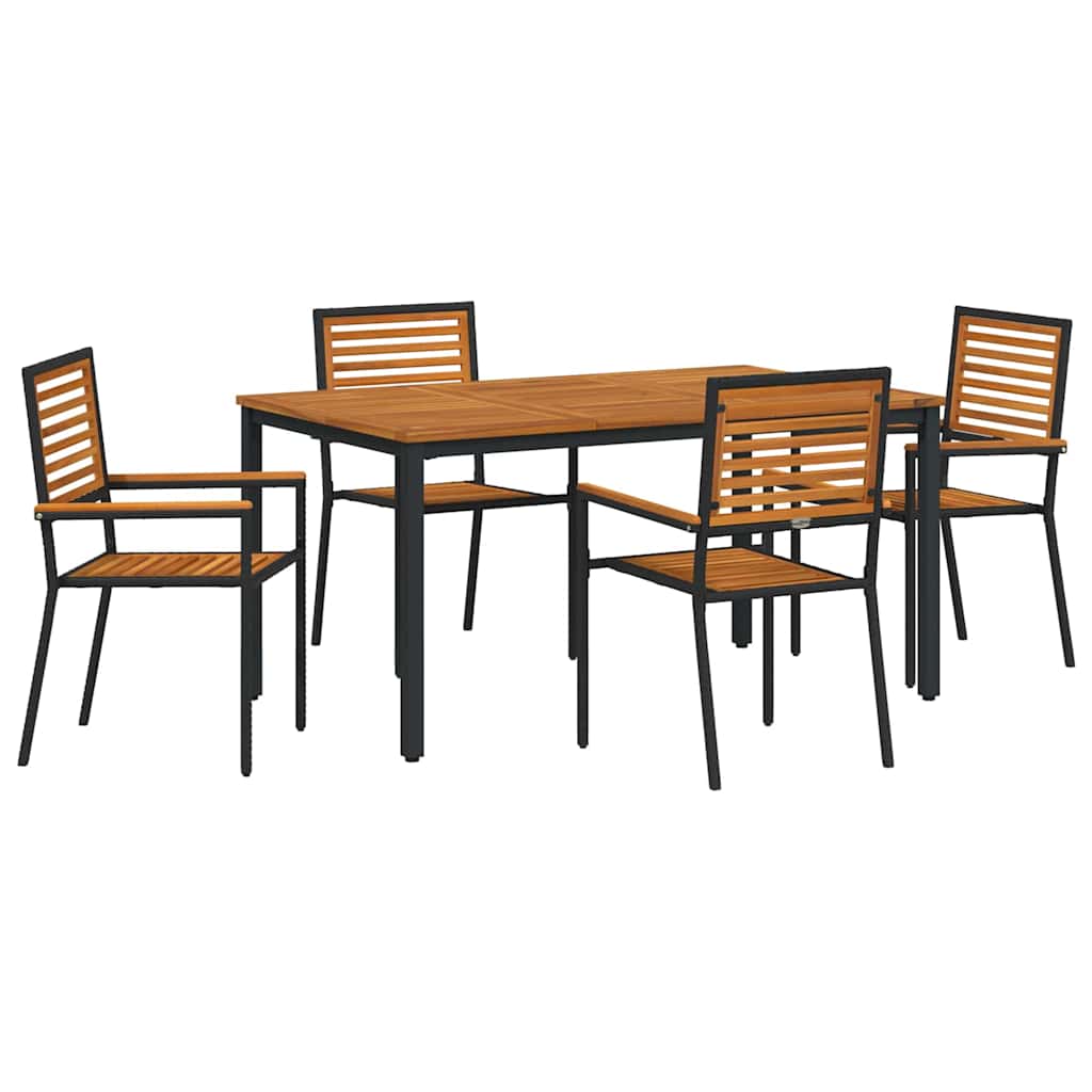 5-osainen puutarhan ruokailusetti mustasta polyrottingista akasiasta, vidaXL pinottavat puutarhatuolit tyynyillä 2 kpl mustasta polyrottingista, vidaXL puutarhapöytä 150x90x75 cm kiinteästä akasiapuusta ja metallista