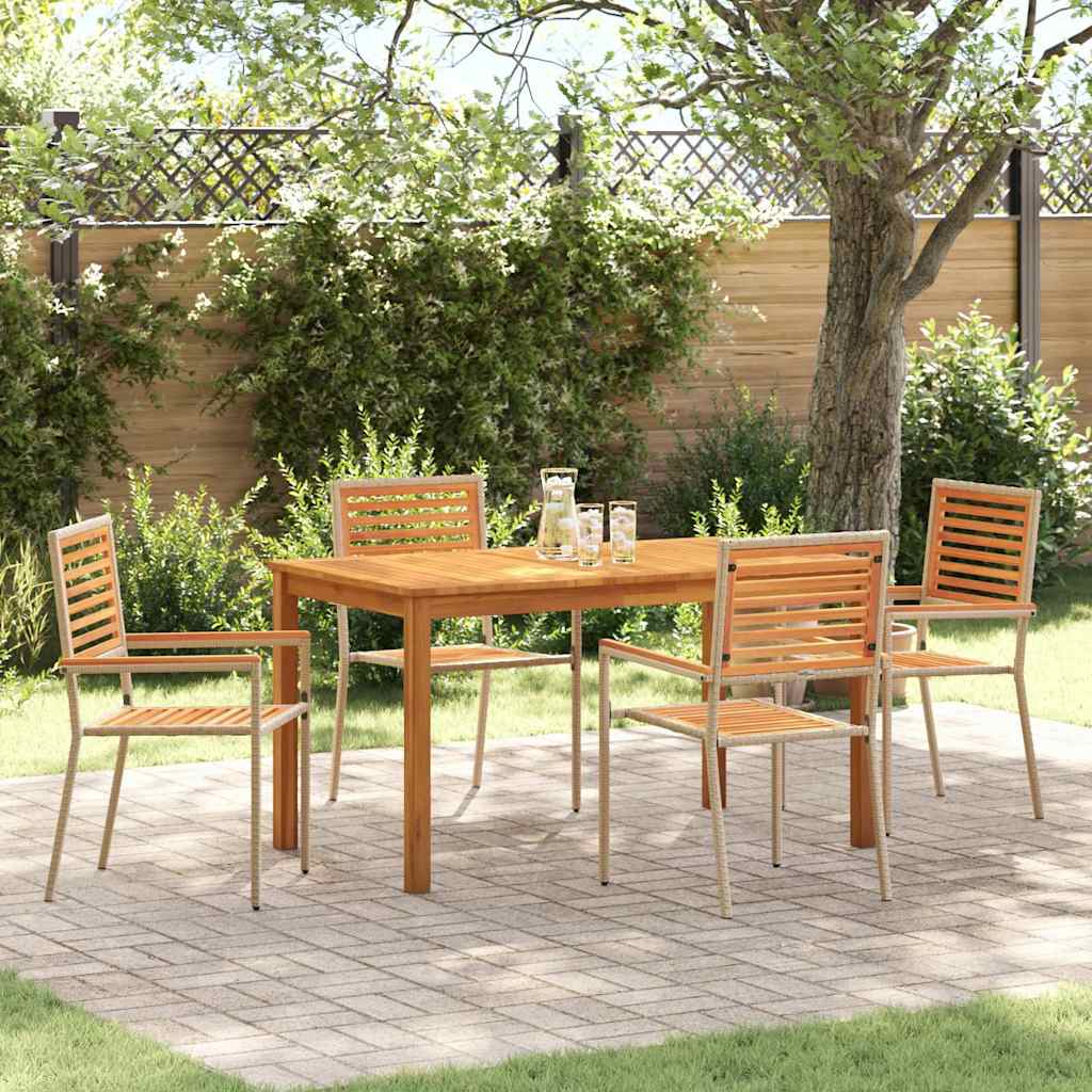 5 Delt Havemøbelsæt Beige Poly Rattan Akacia, vidaXL Stabelbare Havestole med Hynder - Sæt af 2 i Beige Poly Rattan