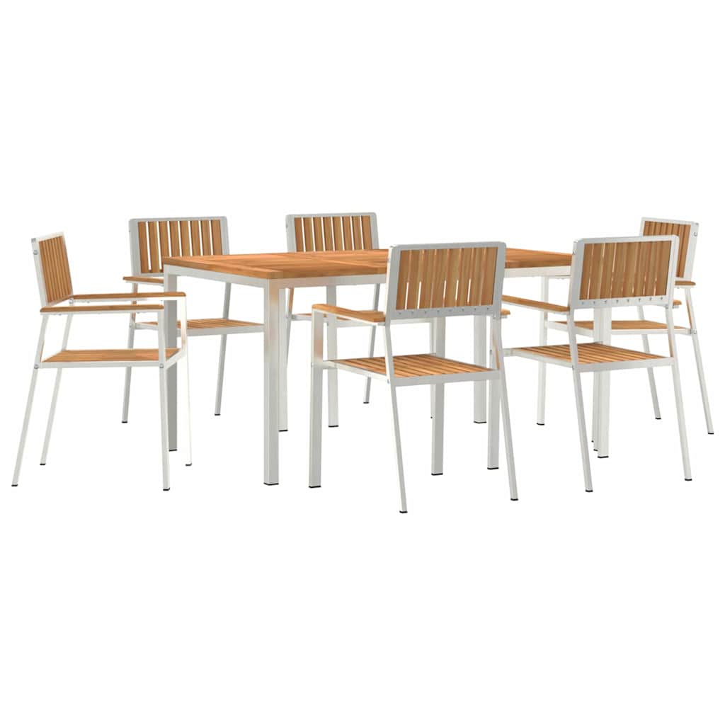 7 osainen puutarhan ruokailuryhmä, täysi tiikki, vidaXL ulkoruokailupöytä 150x90x75 cm, täysi tiikki, vidaXL pinottavat puutarhatuolit 2 kpl, täysi tiikki ja metalli, vidaXL pinottavat puutarhatuolit 4 kpl, täysi tiikki ja metalli