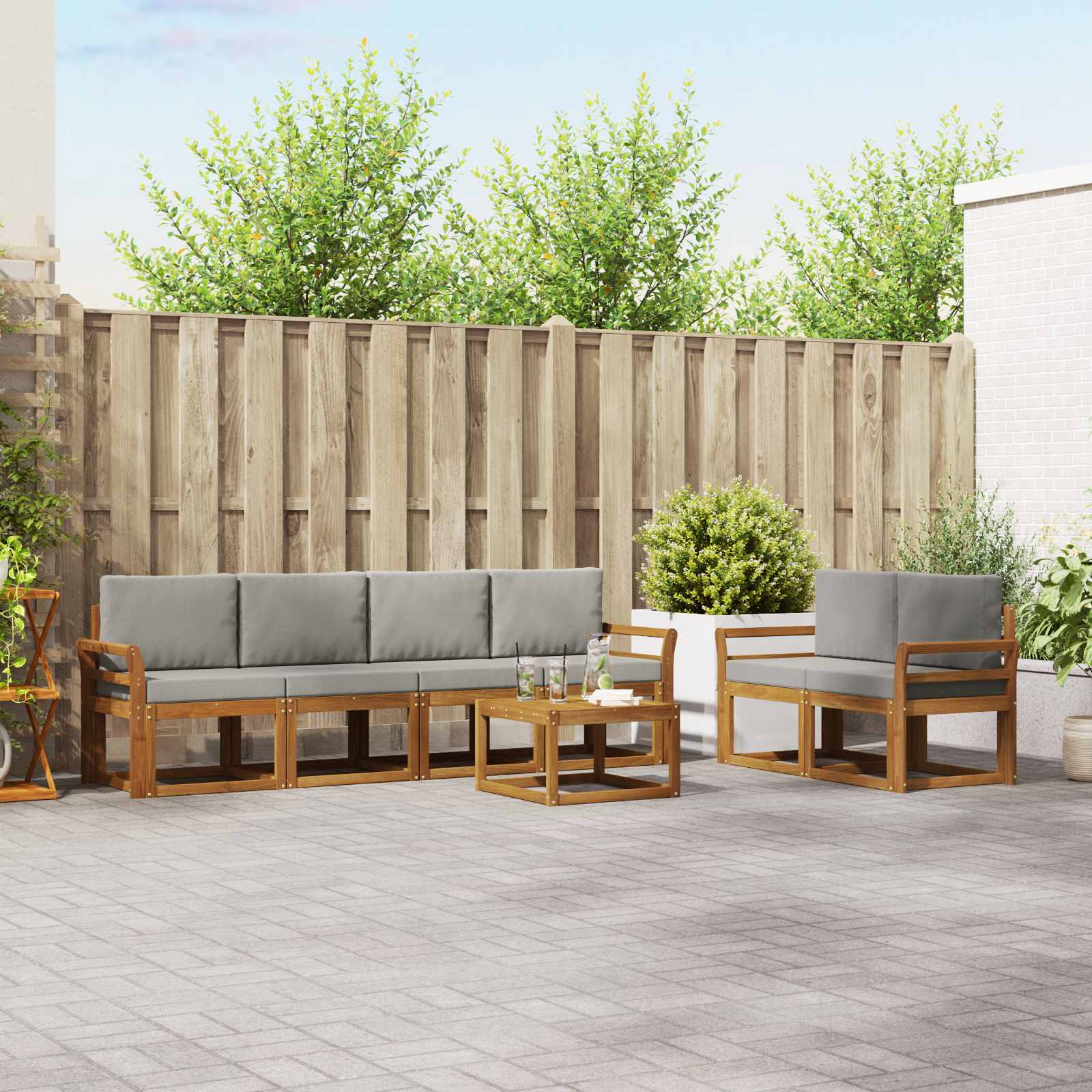 vidaXL Outdoor-Sofagarnitur mit Kissen 7 pcs Natürlich und Hellgrau