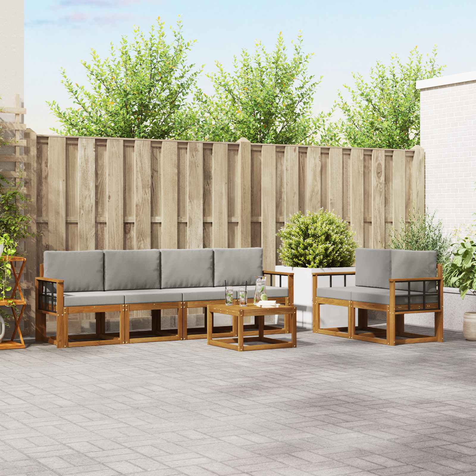 vidaXL Outdoor-Sofagarnitur mit Kissen 7 pcs Natürlich und Hellgrau