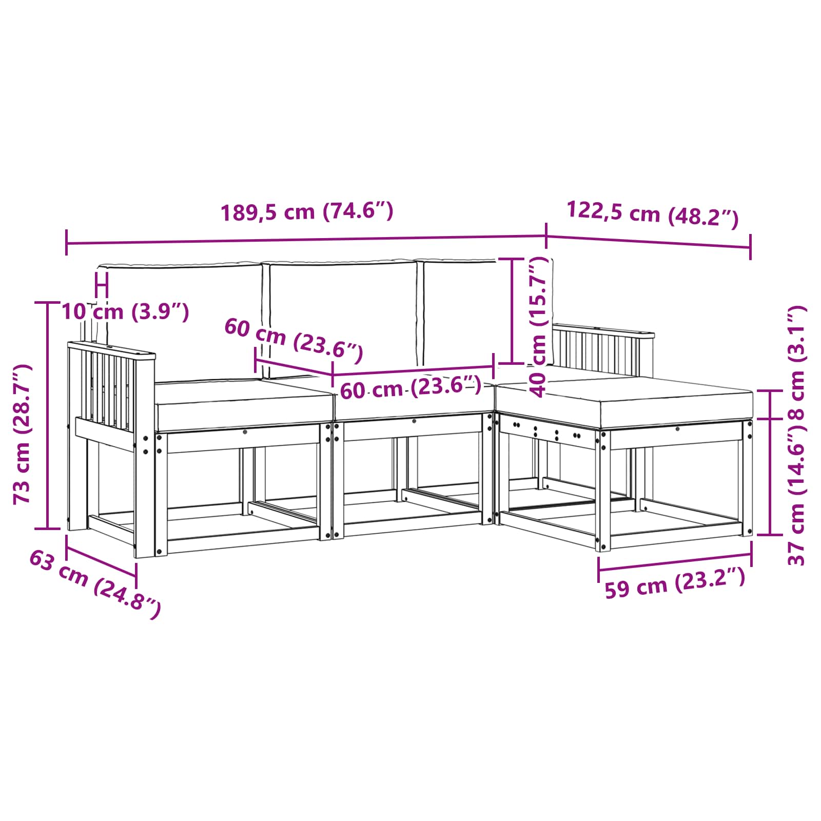 Zunanja garnitura za sedenje 4 pcs Naravna in svetlo siva - slika 6