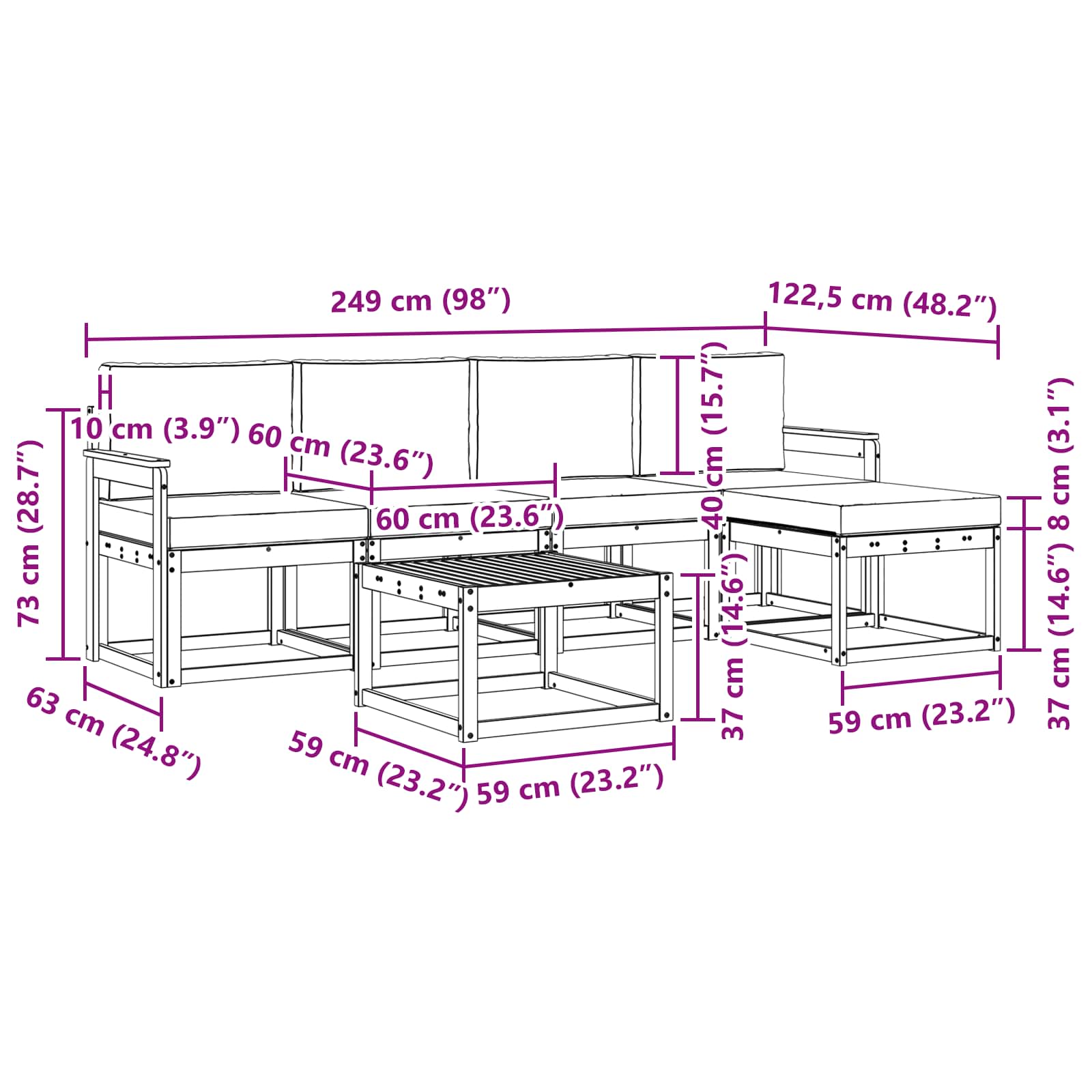Zunanja garnitura za sedenje 6 pcs Naravna in svetlo siva - slika 7