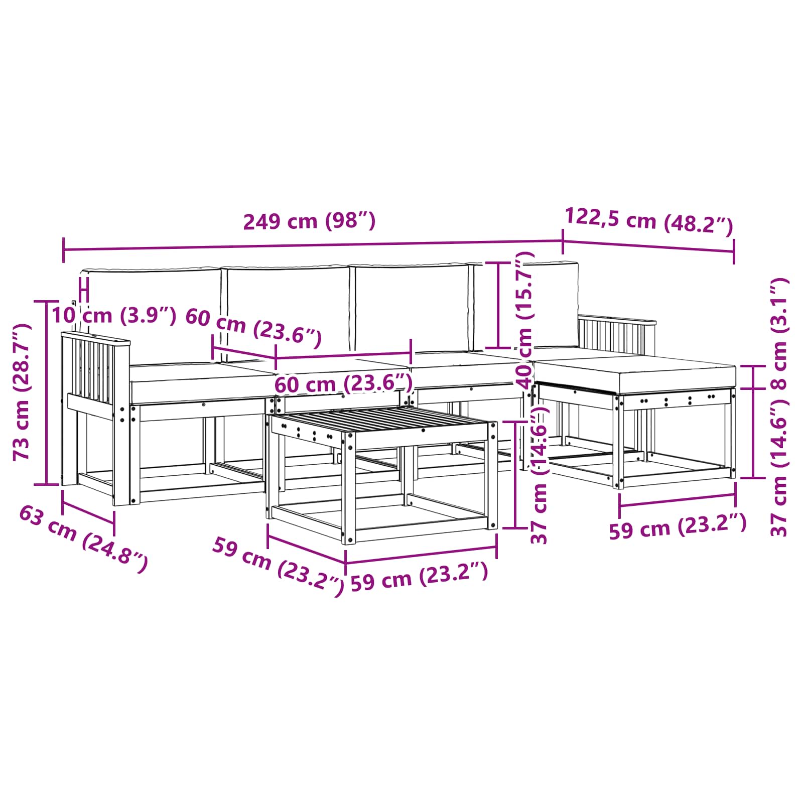 Zunanja garnitura za sedenje 6 pcs Naravna in svetlo siva - slika 7