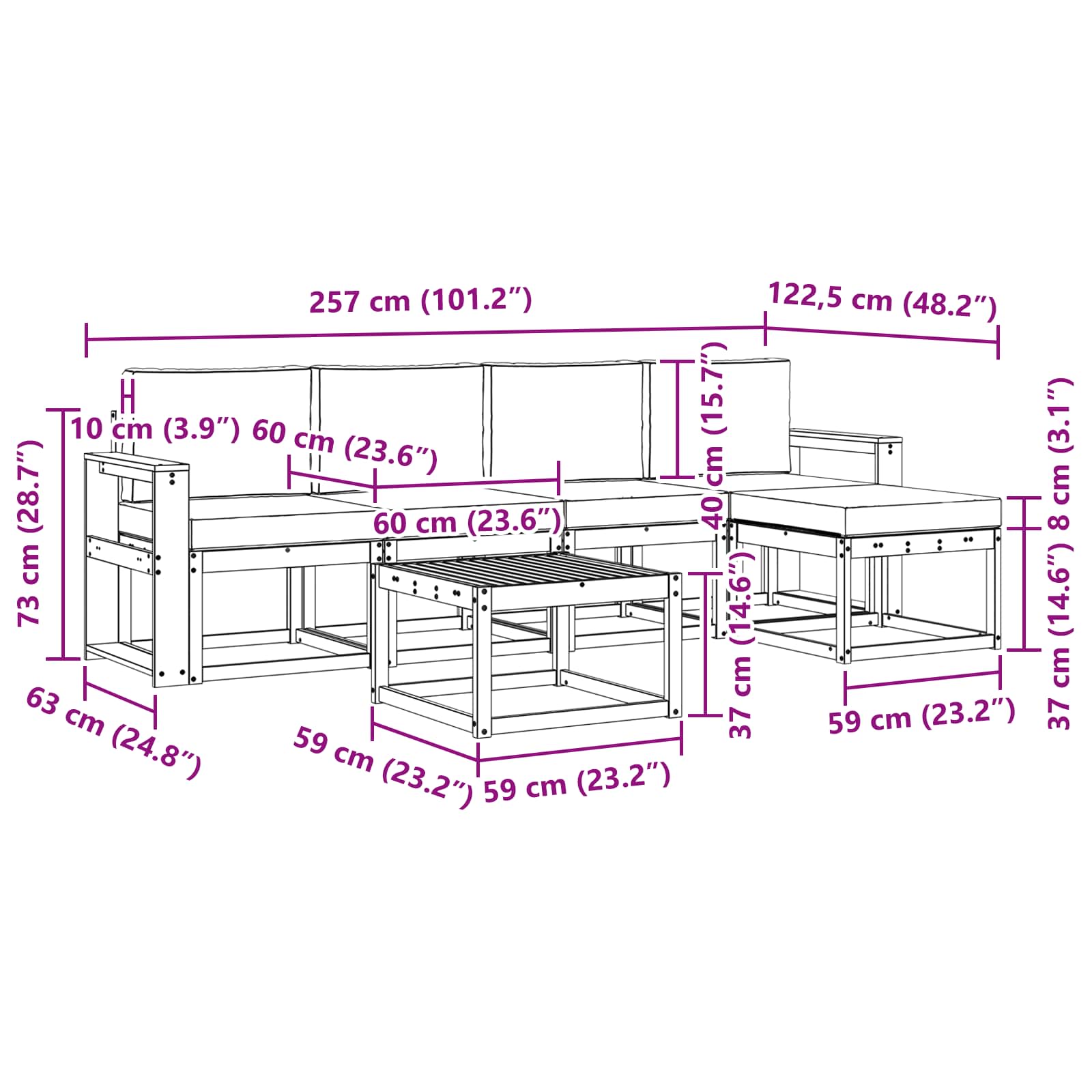 Zunanja garnitura za sedenje 6 pcs Naravna in svetlo siva - slika 7