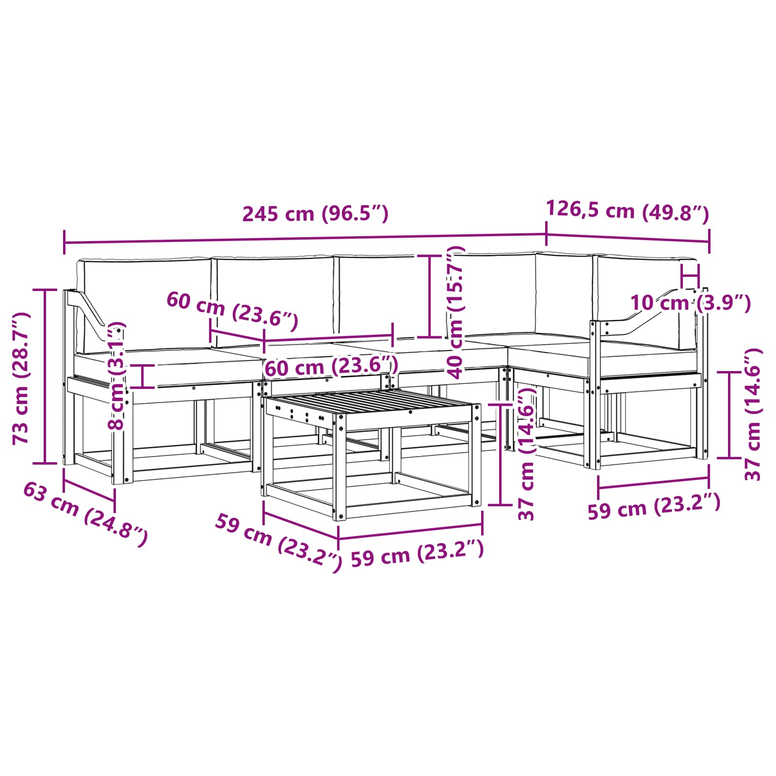 Zunanja garnitura za sedenje 6 pcs Naravna in svetlo siva - slika 9