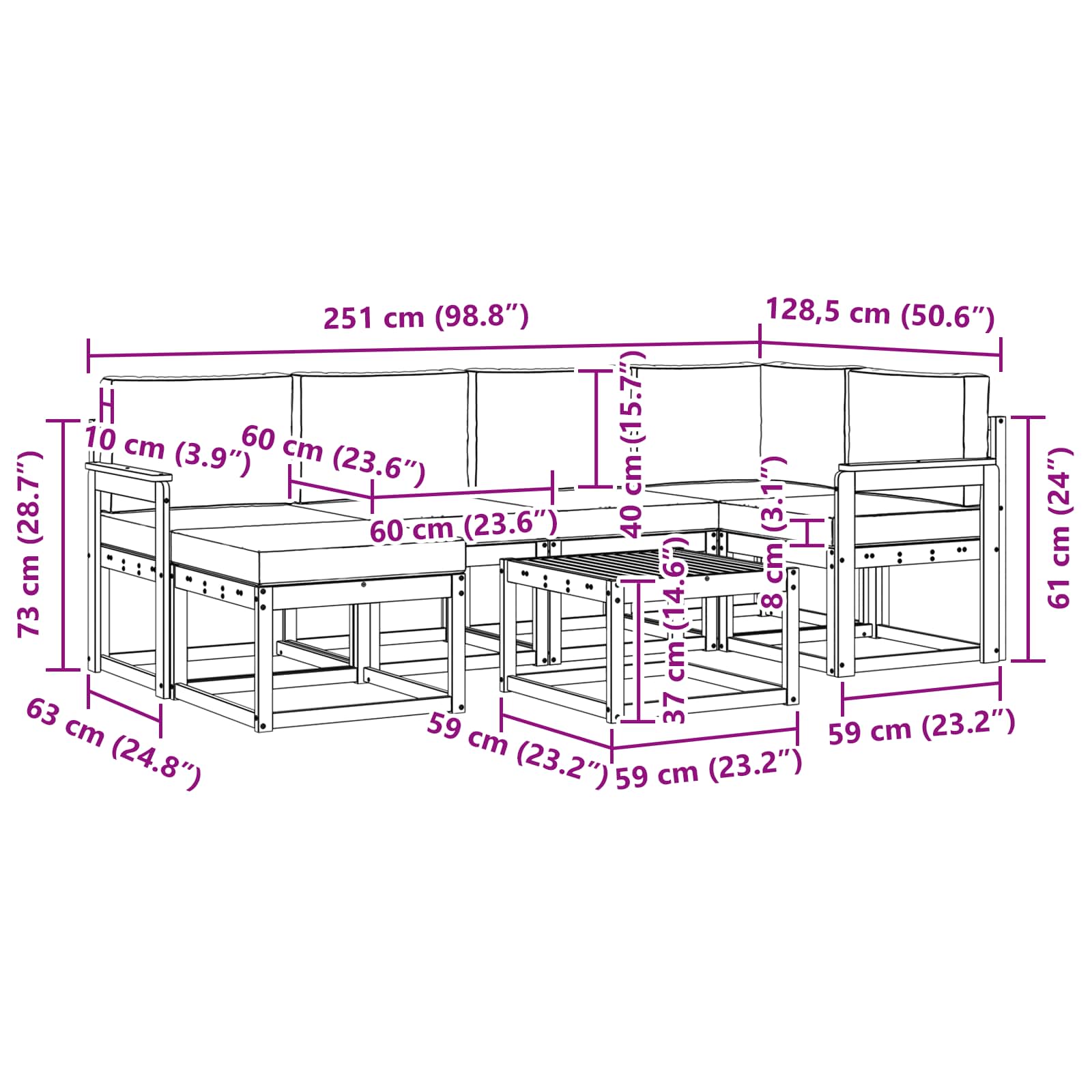 Zunanja garnitura za sedenje 7 pcs Naravna in svetlo siva - slika 9