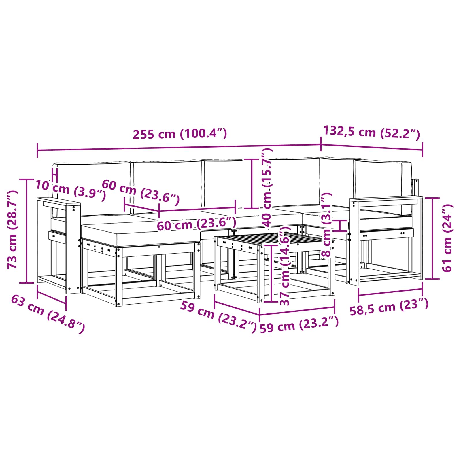 Zunanja garnitura za sedenje 7 pcs Naravna in svetlo siva - slika 9