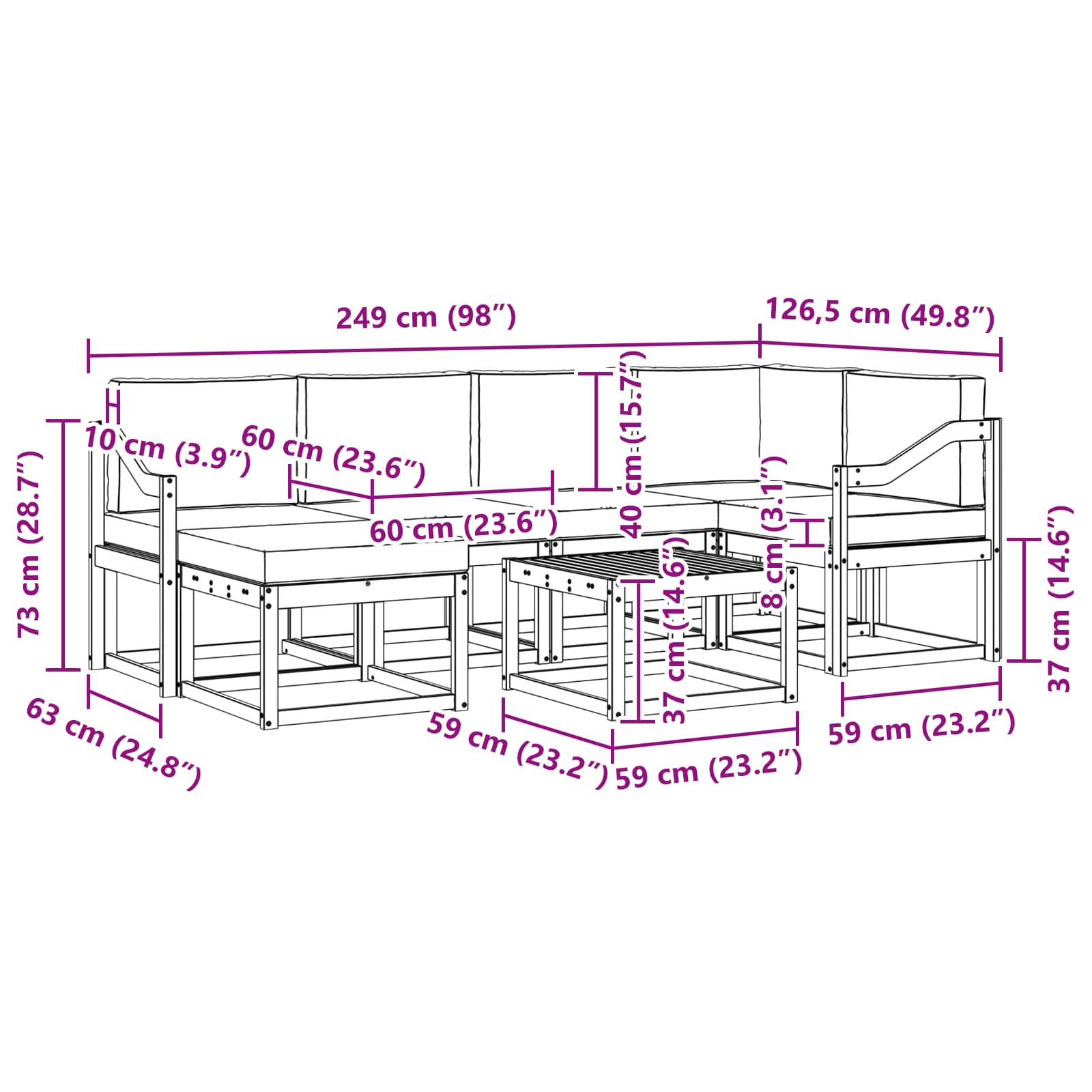 Zunanja garnitura za sedenje 7 pcs Naravna in svetlo siva - slika 9