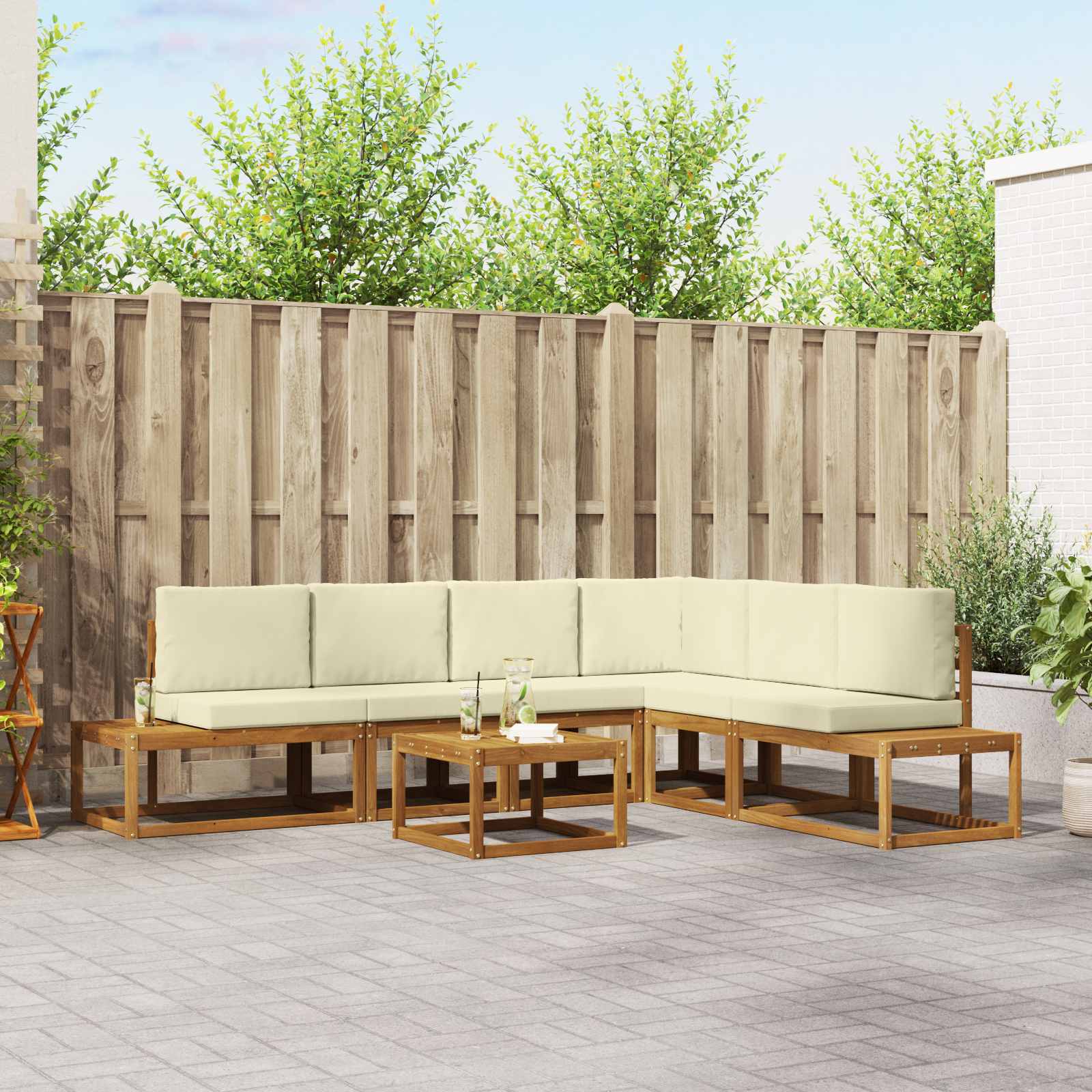 vidaXL Outdoor-Sofagarnitur mit Kissen 7 Stück Natur und Creme