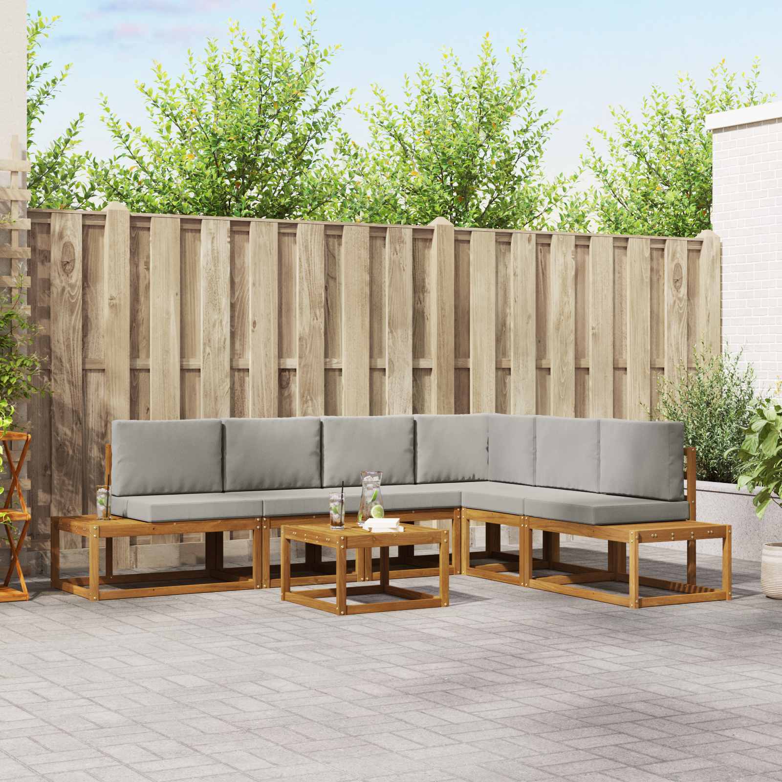 vidaXL Outdoor-Sofagarnitur mit Kissen 7 Stück Natürlich und Hellgrau