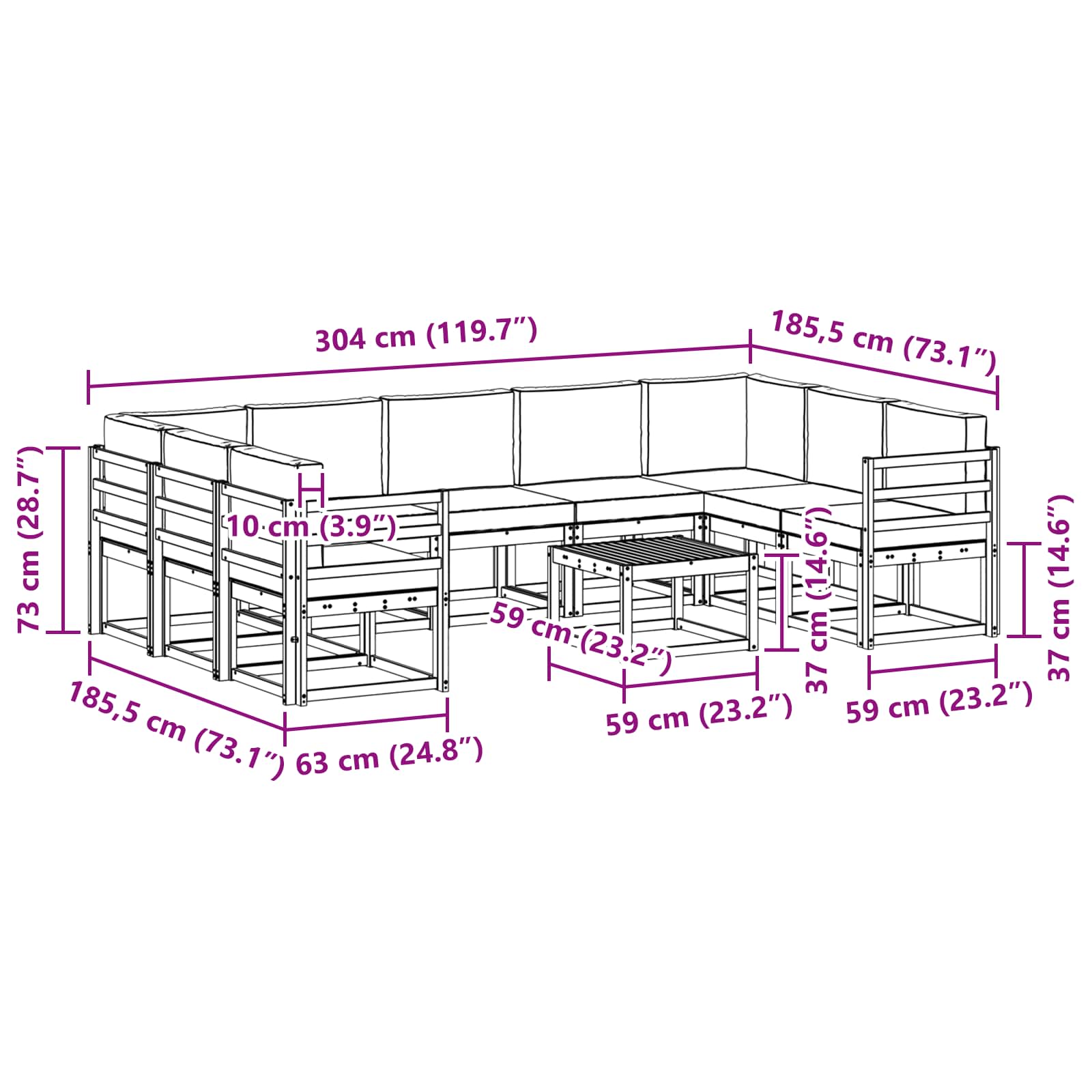 Zunanja garnitura za sedenje 10 pcs Naravna in svetlo siva - slika 9