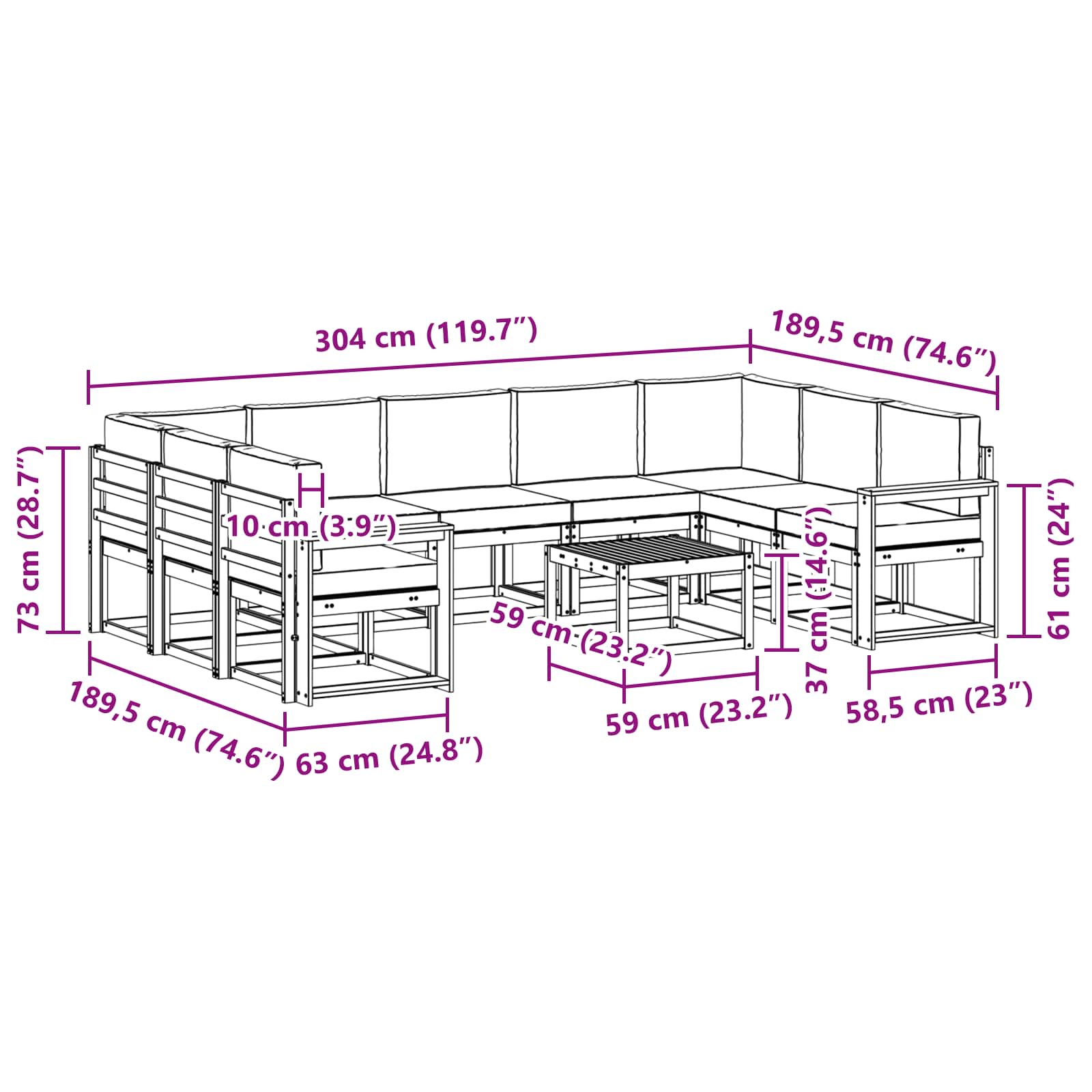 Zunanja garnitura za sedenje 10 pcs Naravna in svetlo siva - slika 9