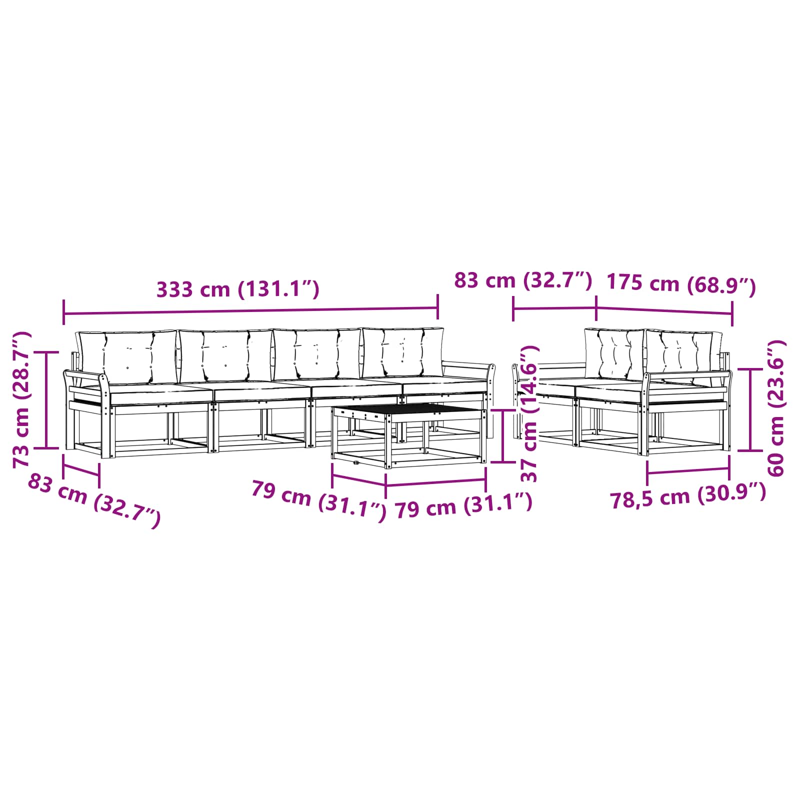 Zunanja garnitura za sedenje z blazino 7 pcs Naravna in smetana - slika 8