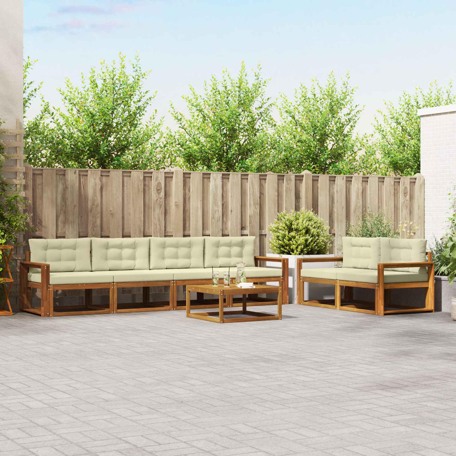 Zunanja garnitura za sedenje z blazino 7 pcs Naravna in smetana