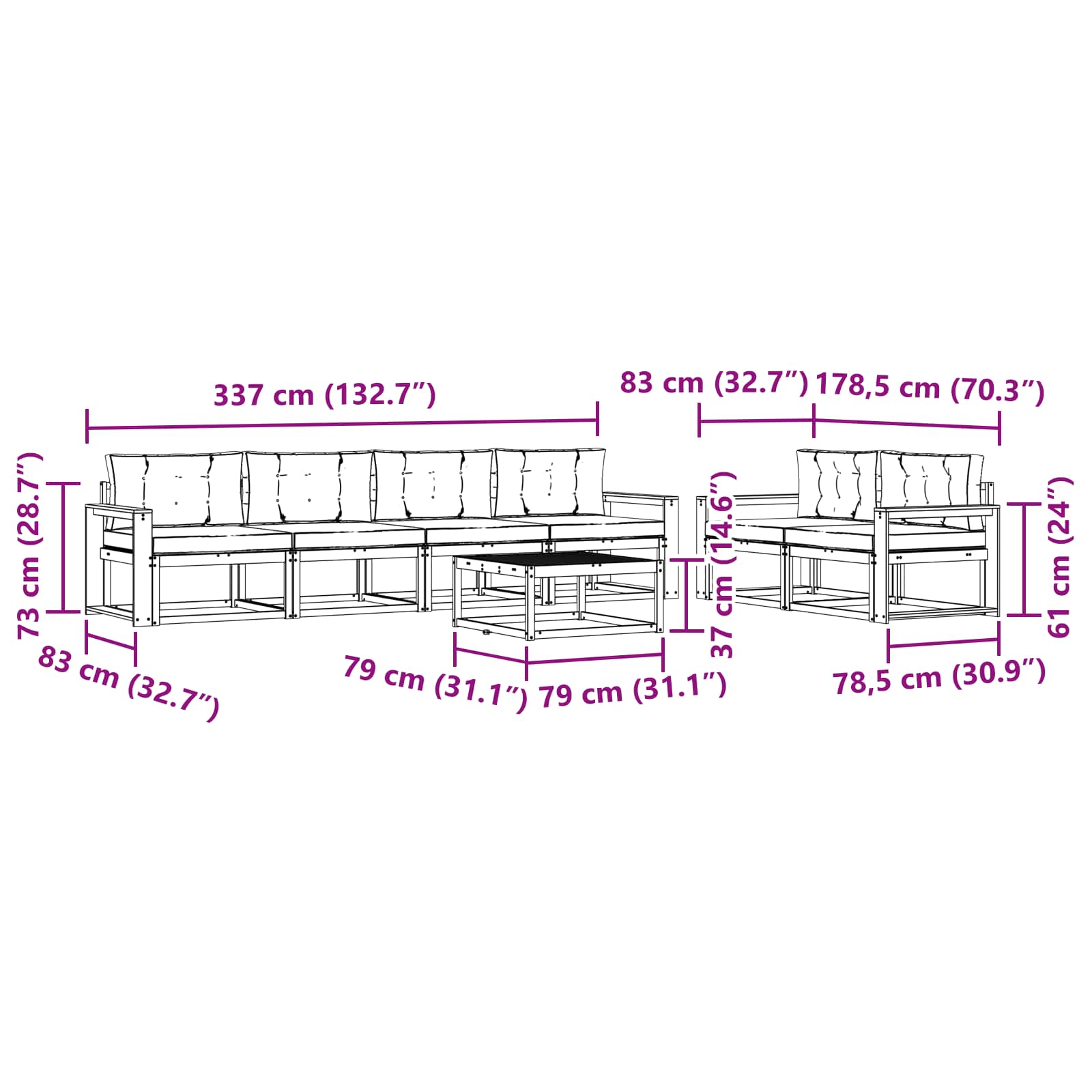 Zunanja garnitura za sedenje z blazino 7 pcs Naravna in smetana - slika 8