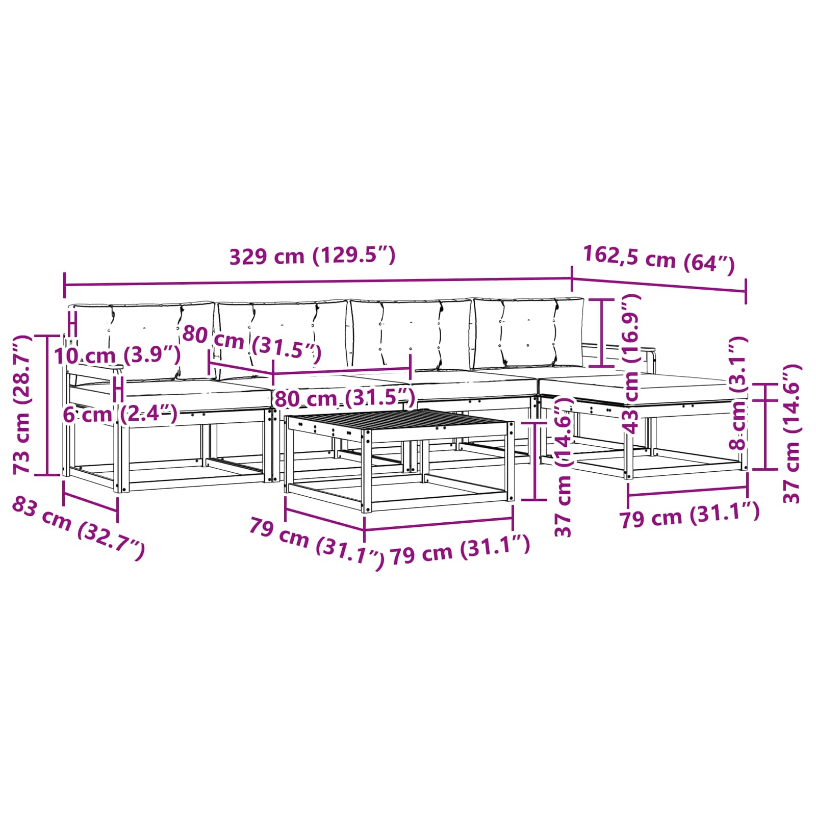 Zunanja garnitura za sedenje z blazino 6 pcs Naravna in smetana - slika 8