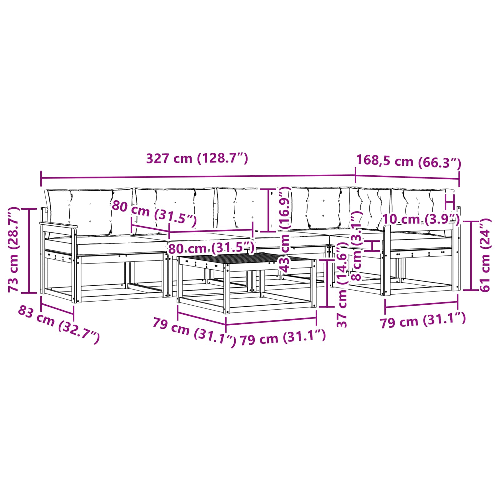 Zunanja garnitura za sedenje z blazino 6 pcs Naravna in smetana - slika 9