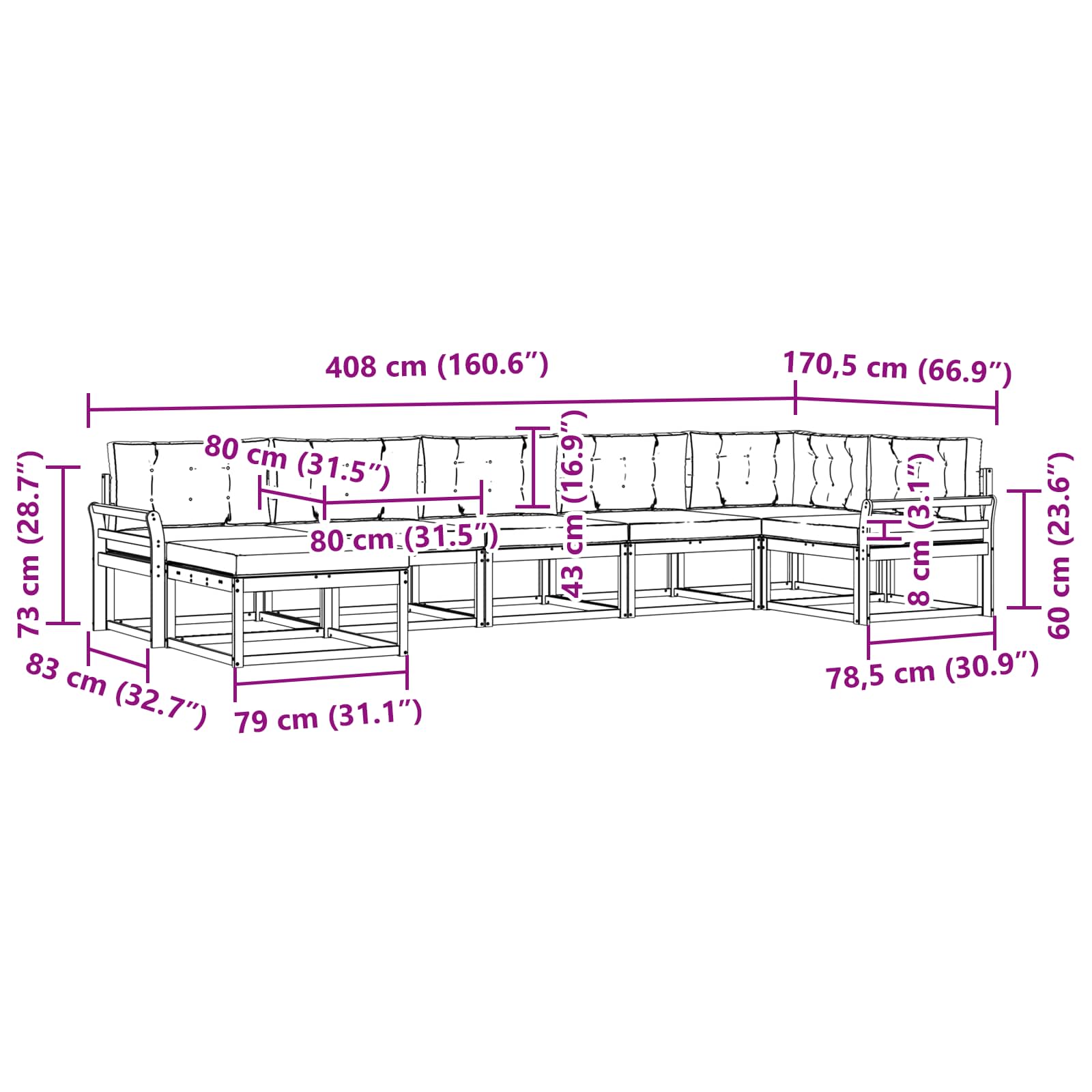 Buiten bankenset met kussen 7 pcs Natuurlijk en Lichtgrijs - Afbeelding 8