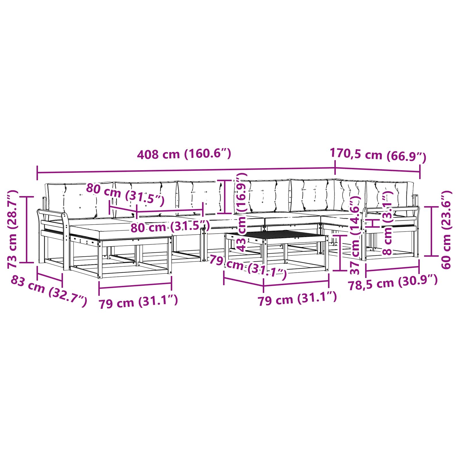 Zunanja garnitura za sedenje 8 pcs Naravna in antracitna - slika 10