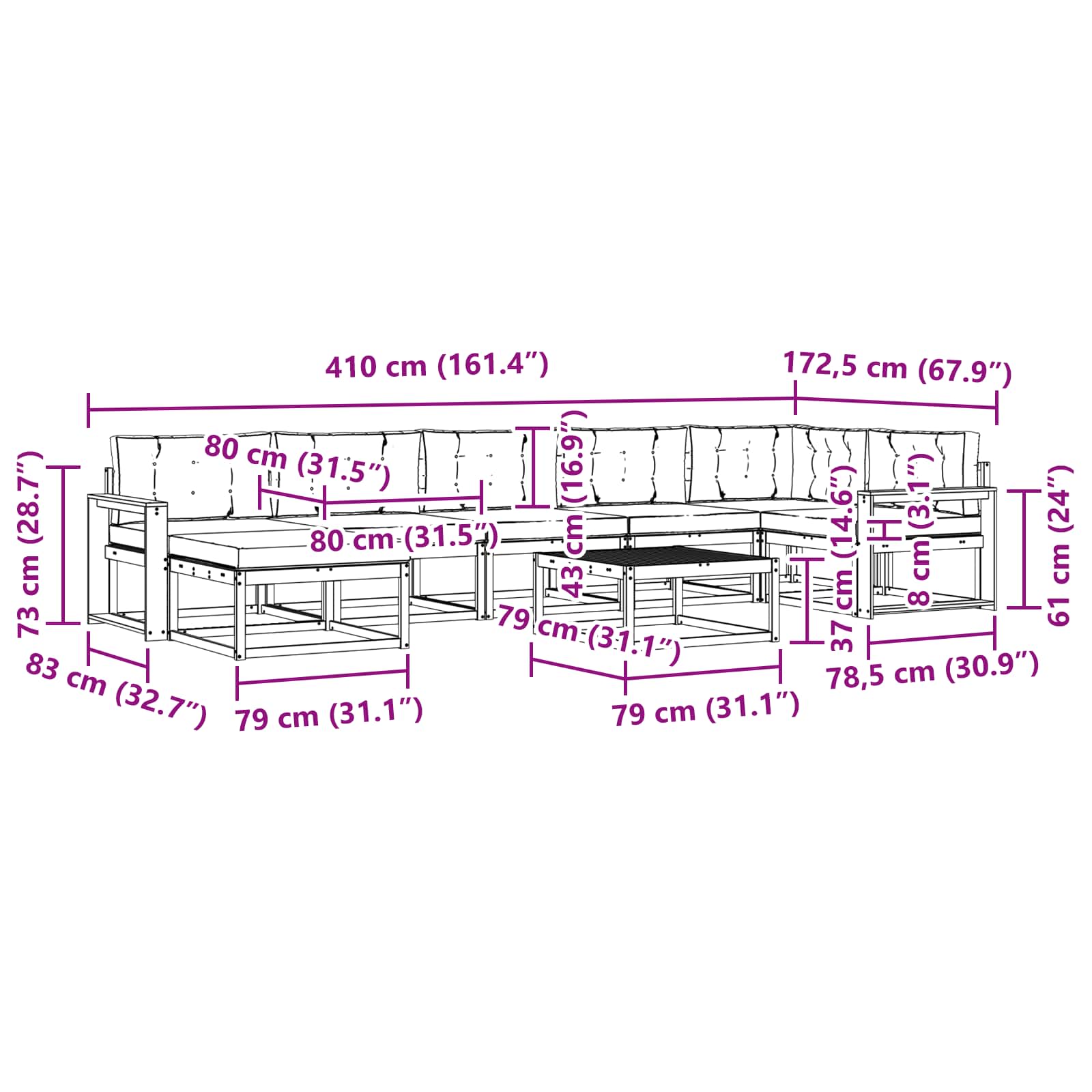 Zunanja garnitura za sedenje z blazino 8 pcs Naravna in smetana - slika 10