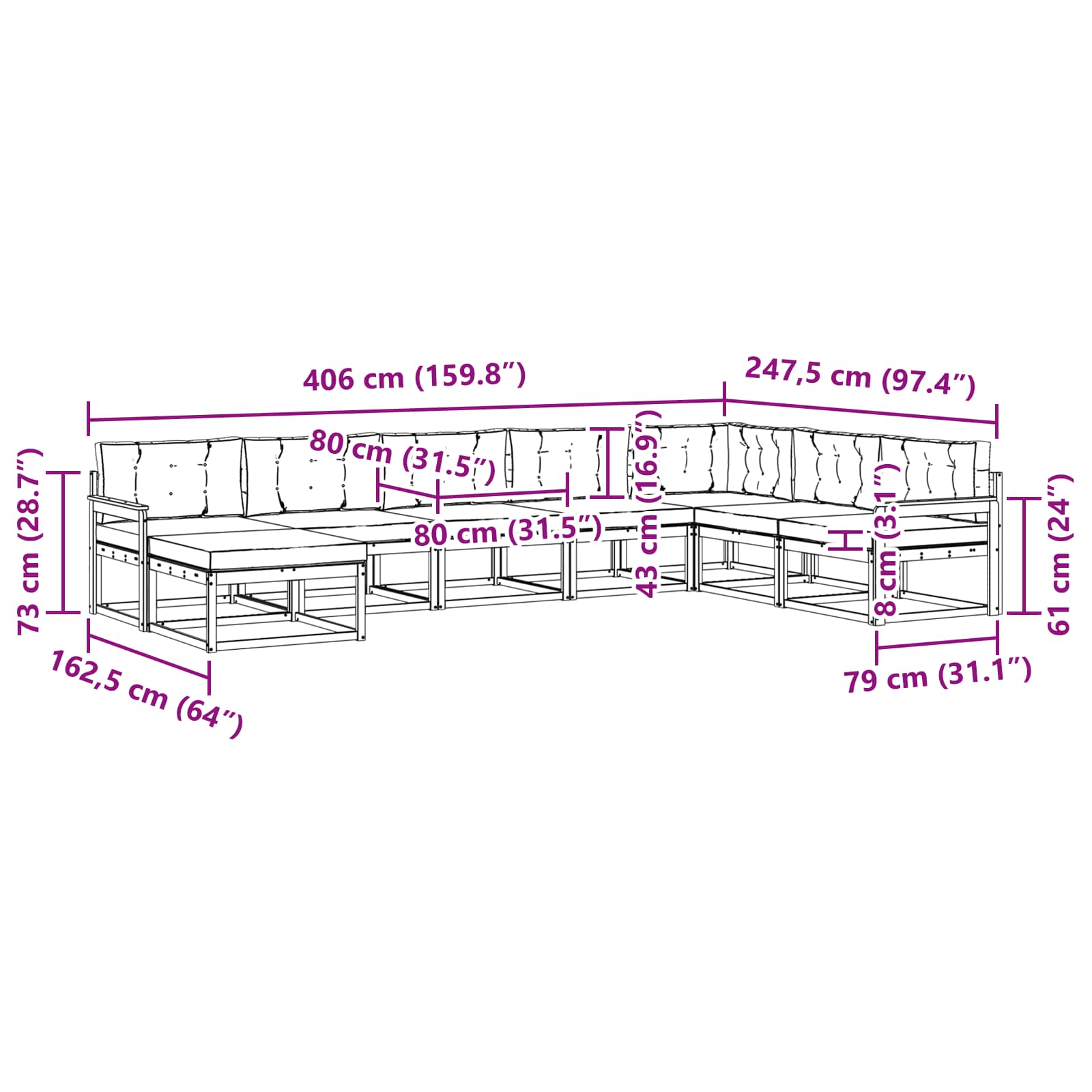 Zunanja garnitura za sedenje 8 pcs Naravna in antracitna - slika 7