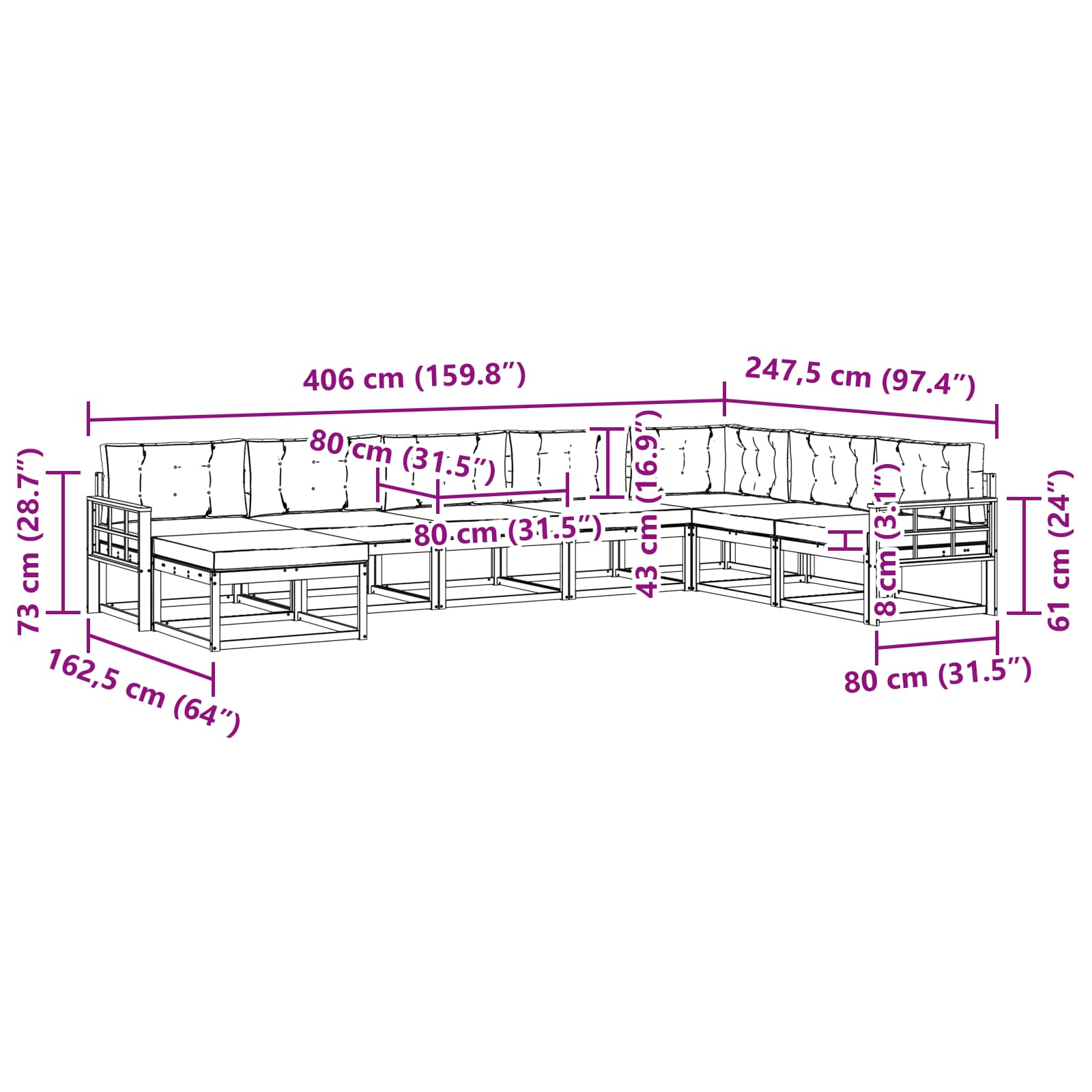 Zunanja garnitura za sedenje z blazino 8 pcs Naravna in smetana - slika 7