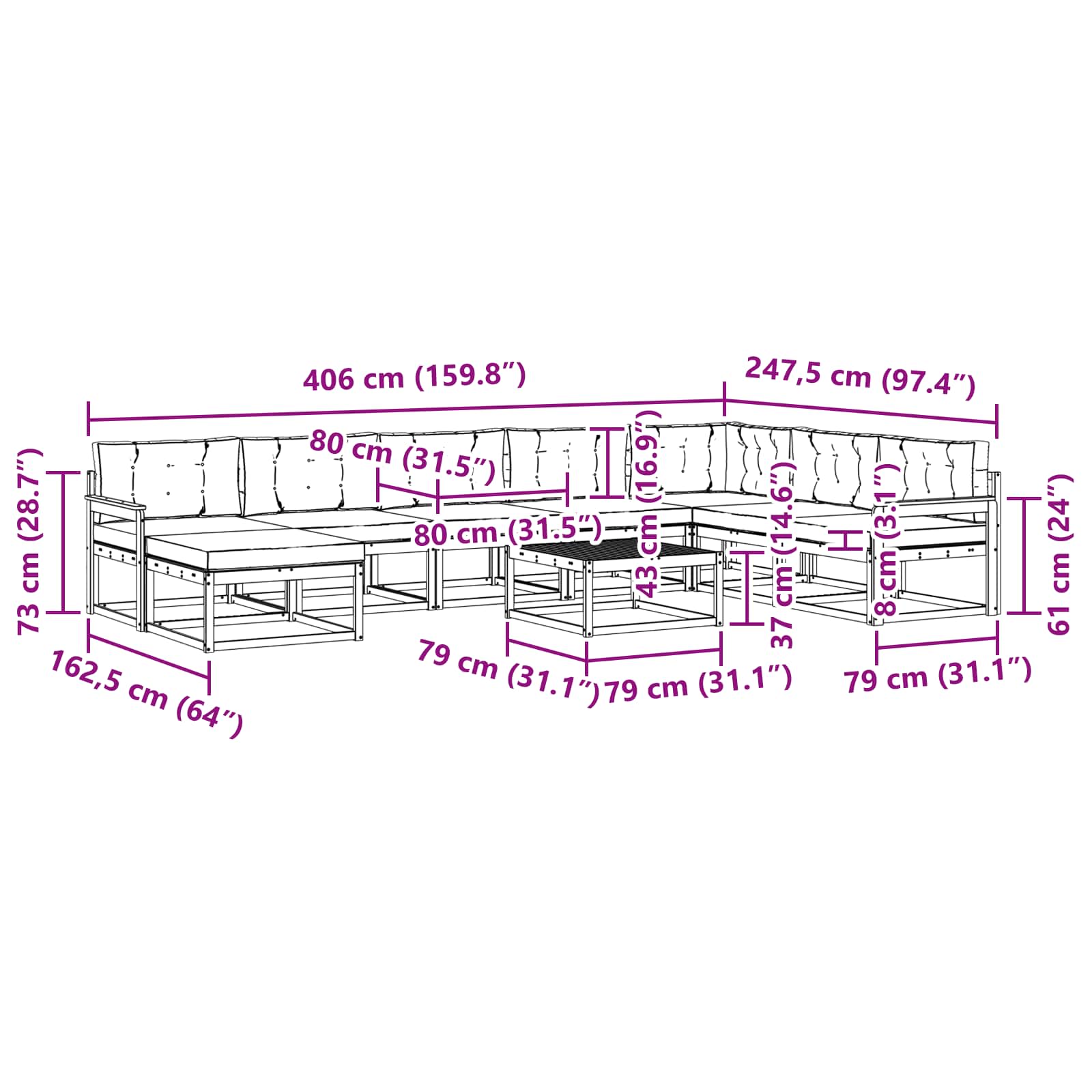 Zunanja garnitura za sedenje z blazino 9 pcs Naravna in smetana - slika 9