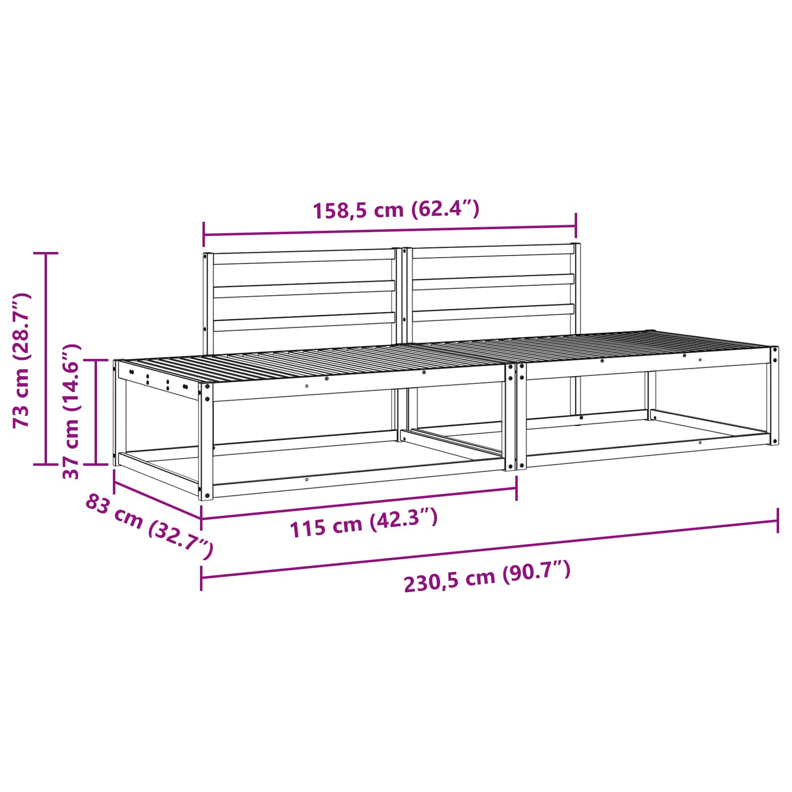 Zunanja garnitura za sedenje 2 Kos Naravna 230,5 x 83 x 73 cm - slika 9