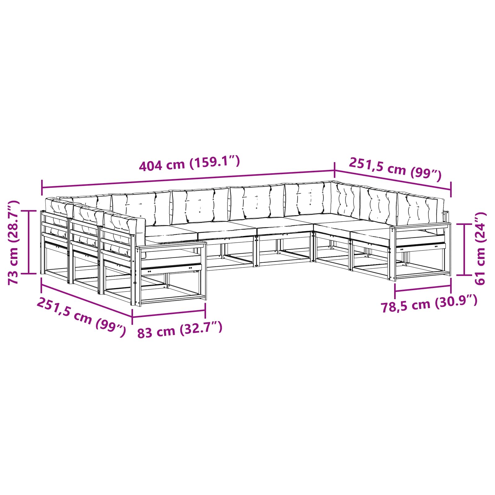 Zunanja garnitura za sedenje z blazino 9 pcs Naravna in smetana - slika 7