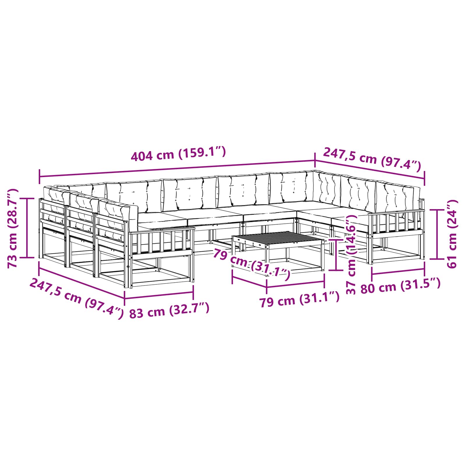 Buiten bankenset met kussen 10 pcs Natuurlijk en Lichtgrijs - Afbeelding 8