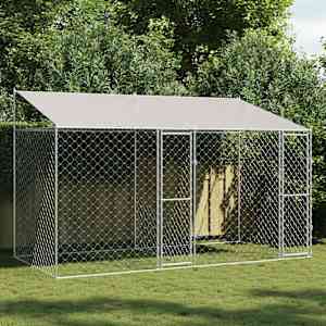 Pasja kletka s streho srebrna 400 x 200 x 256 cm Jeklo in PE