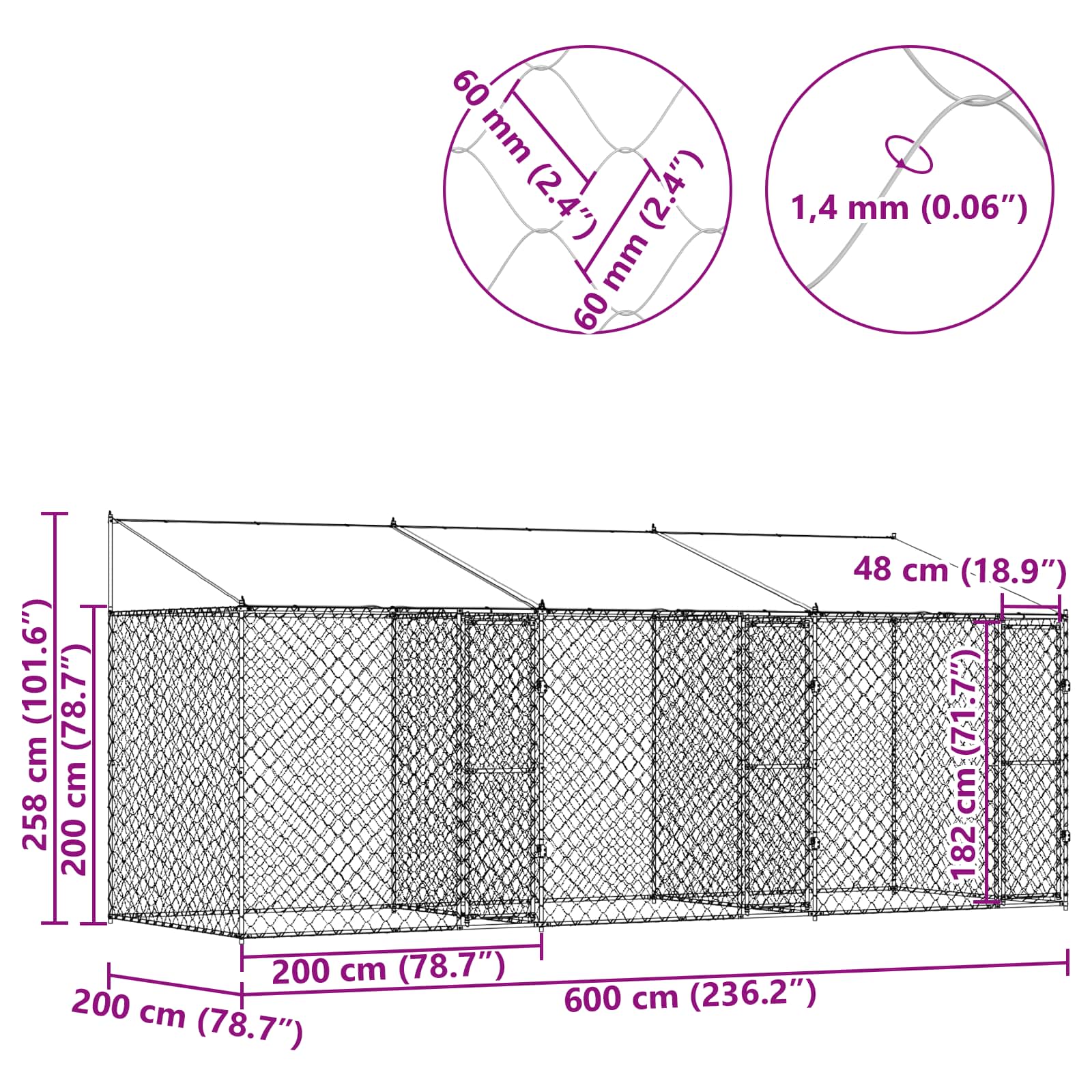 Hundebur sølv 600 x 200 x 256 cm Galvanisert Stål - Bilde 7
