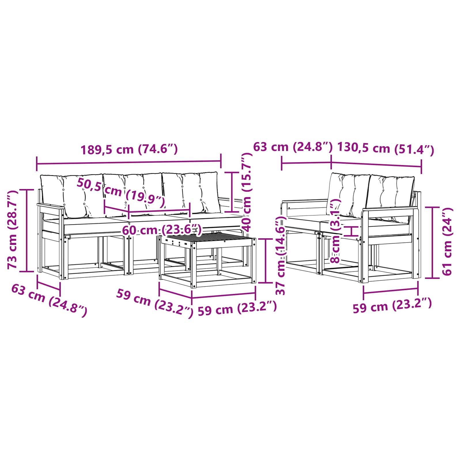 Zunanja garnitura za sedenje z blazino 6 pcs Naravna in črna - slika 9