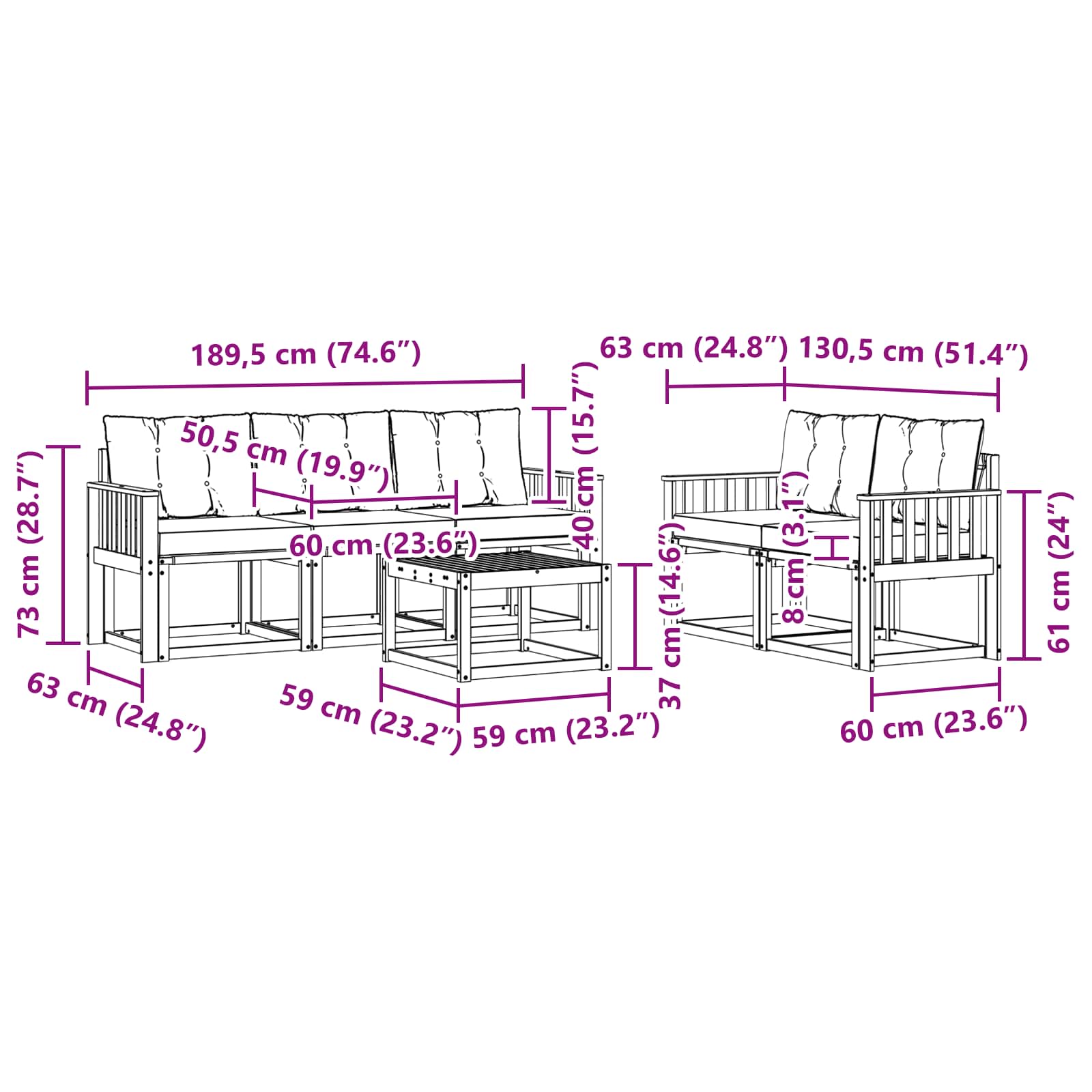 Zunanja garnitura za sedenje z blazino 6 pcs Naravna in črna - slika 9